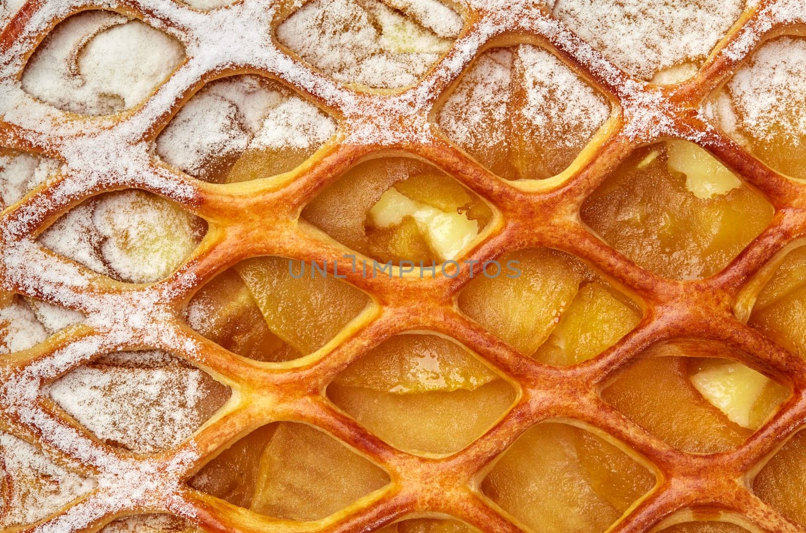Close-up of golden lattice apple pie with custard and powdered sugar by nazarovsergey