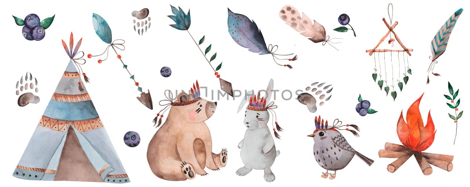 Forest baby watercolor animals, large set. Isolated elements on a white background. Woodland bear, hare and bird in boho style. Wigwams with spears and arrows. The characters are also surrounded by blueberries and fire. Animal tracks and dream catcher and beautiful feathers. An ideal set for stickers and posters for a child's room and baby shower design