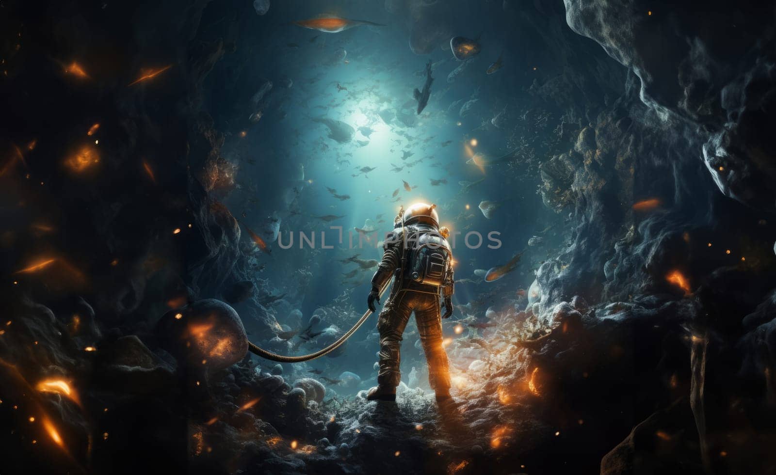 an astronaut and their team exploring mysterious and adventurous locations in space, embarking on a cosmic journey to uncover the wonders and mysteries of the universe.Generated image.