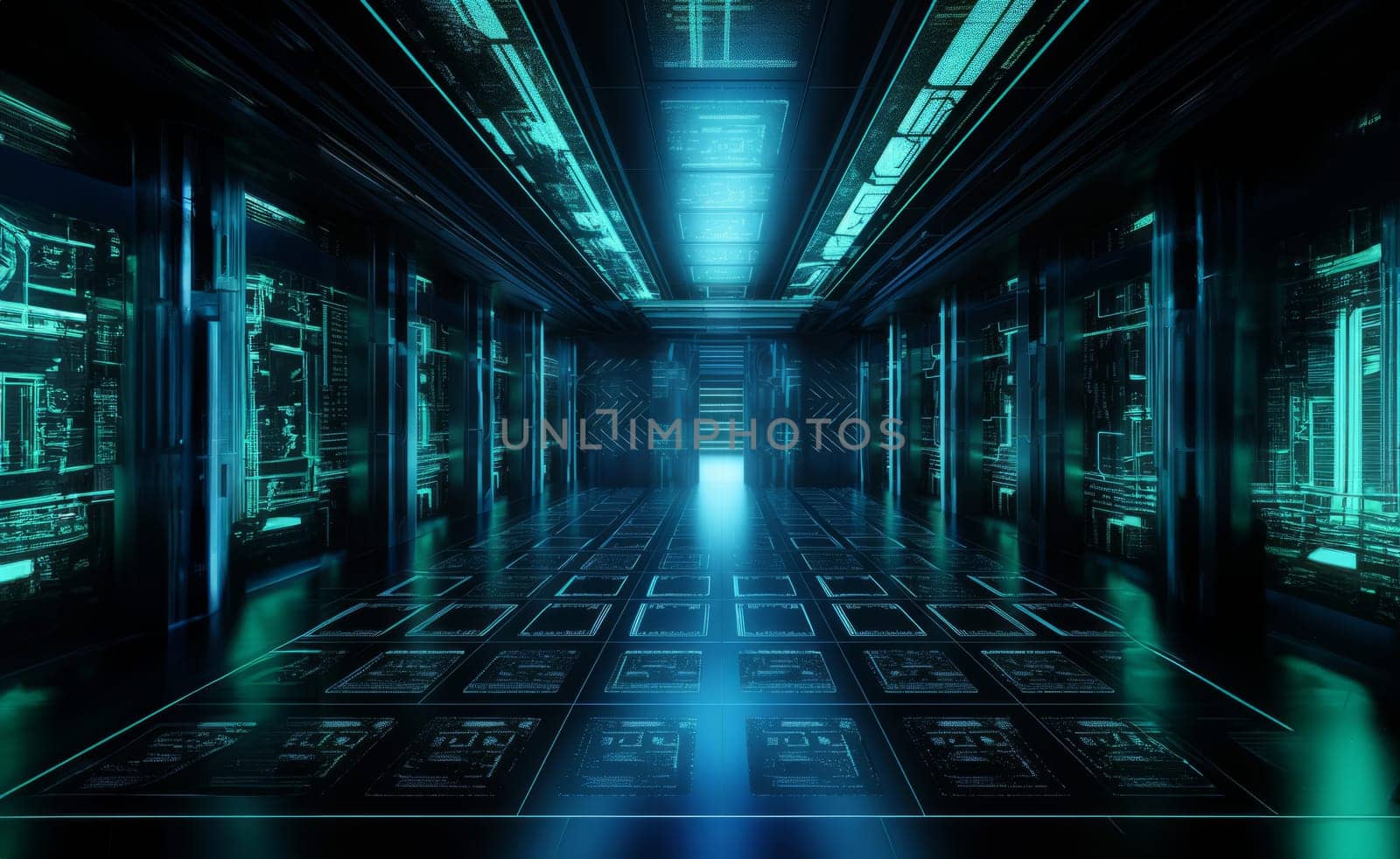 The photograph captures the interior of a modern, spacious server room, showcasing rows of equipment, racks, and cables, illustrating the technological infrastructure and complexity required for data management and network operations.Generated image by dotshock
