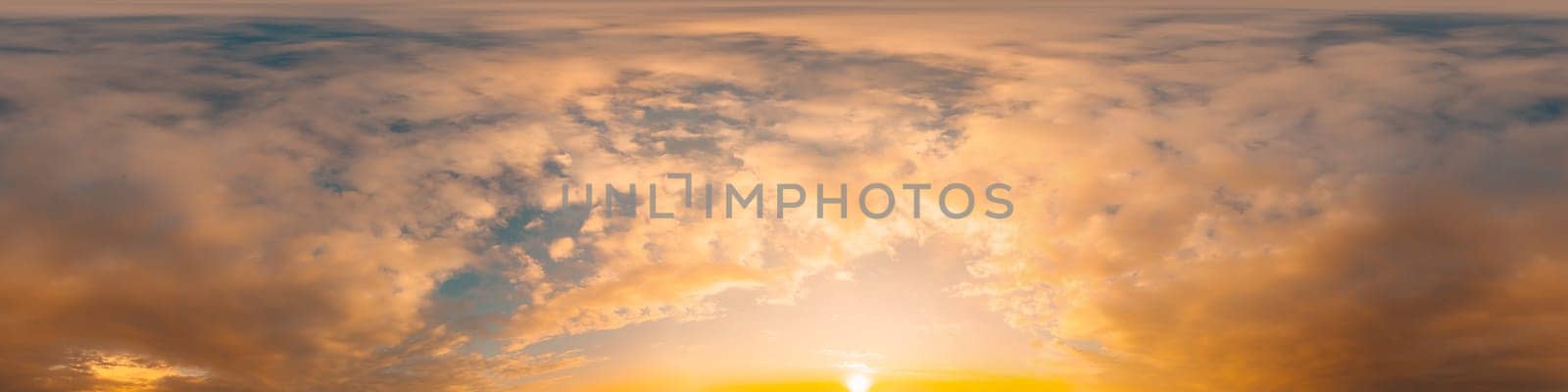 Sunset sky panorama with bright glowing pink Cumulus clouds. HDR 360 seamless spherical panorama. Full zenith or sky dome in 3D, sky replacement for aerial drone panoramas. Climate and weather change. by Matiunina