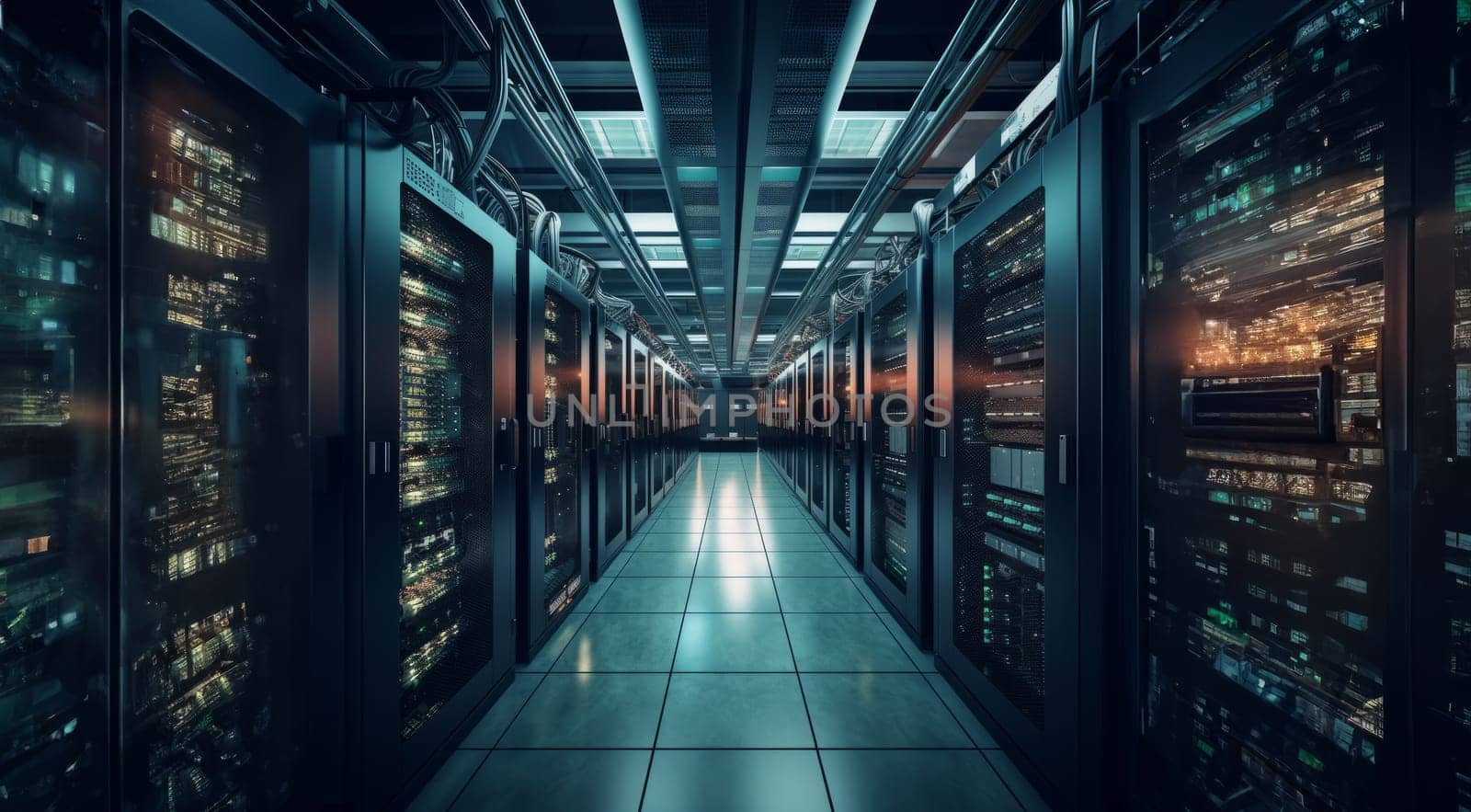 The photograph captures the interior of a modern, spacious server room, showcasing rows of equipment, racks, and cables, illustrating the technological infrastructure and complexity required for data management and network operations.Generated image by dotshock