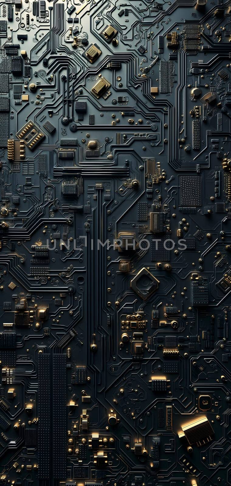 Phone wallpaper and texture of maze of black circuit board. Neural network generated image. Not based on any actual person or scene.