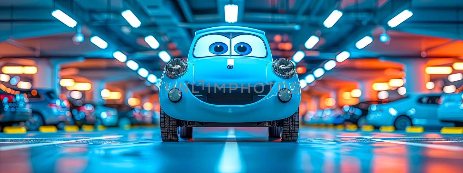 Animated Blue Car Character in Colorful Car Dealership.