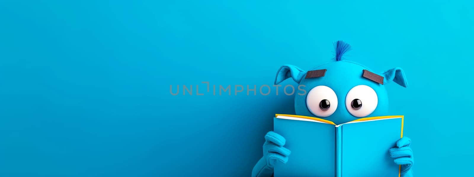 Cute Blue Monster Reading a Book on Bright Blue Background by Edophoto