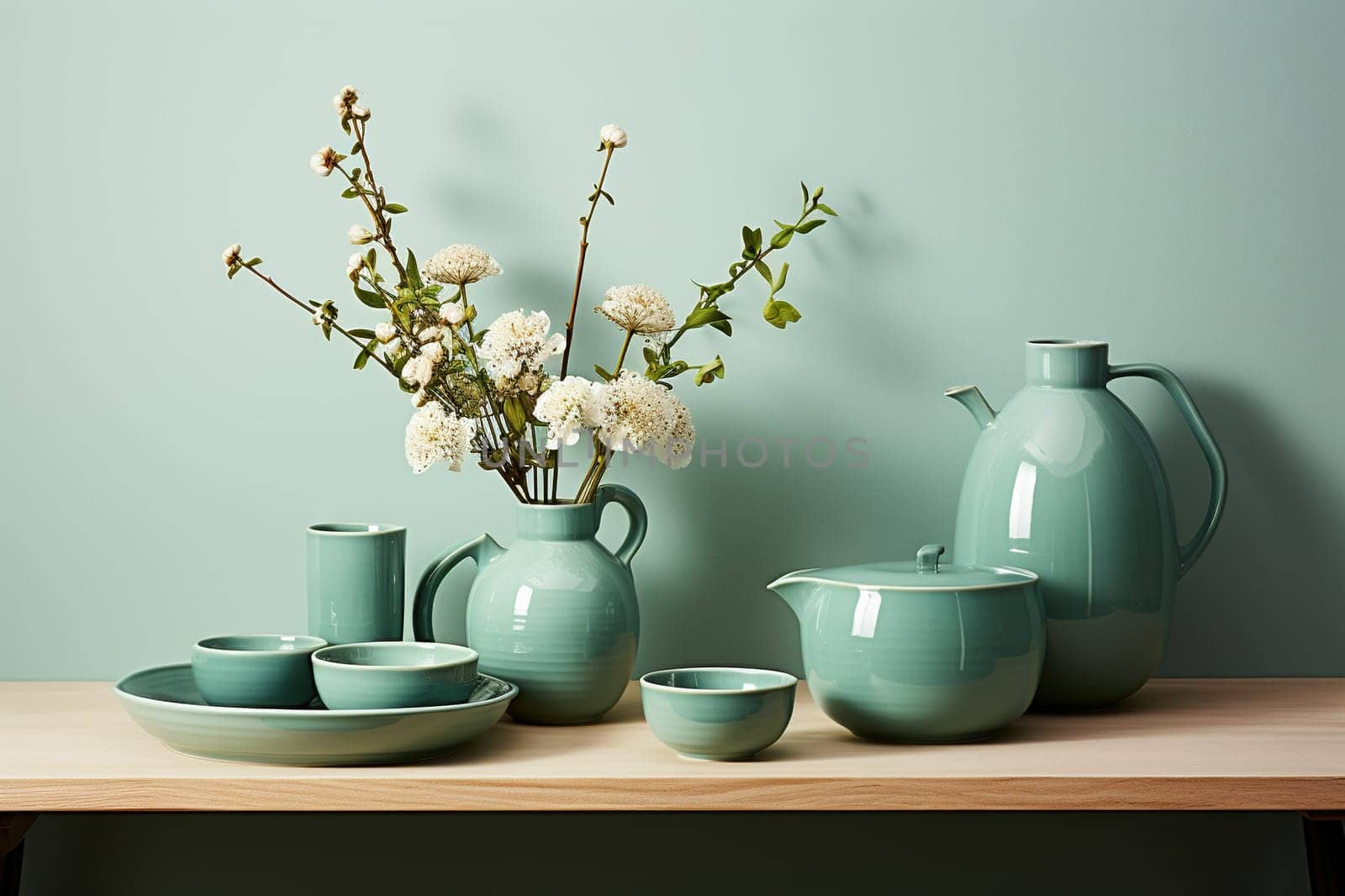Elegant turquoise ceramic dishes on a wooden tabletop.