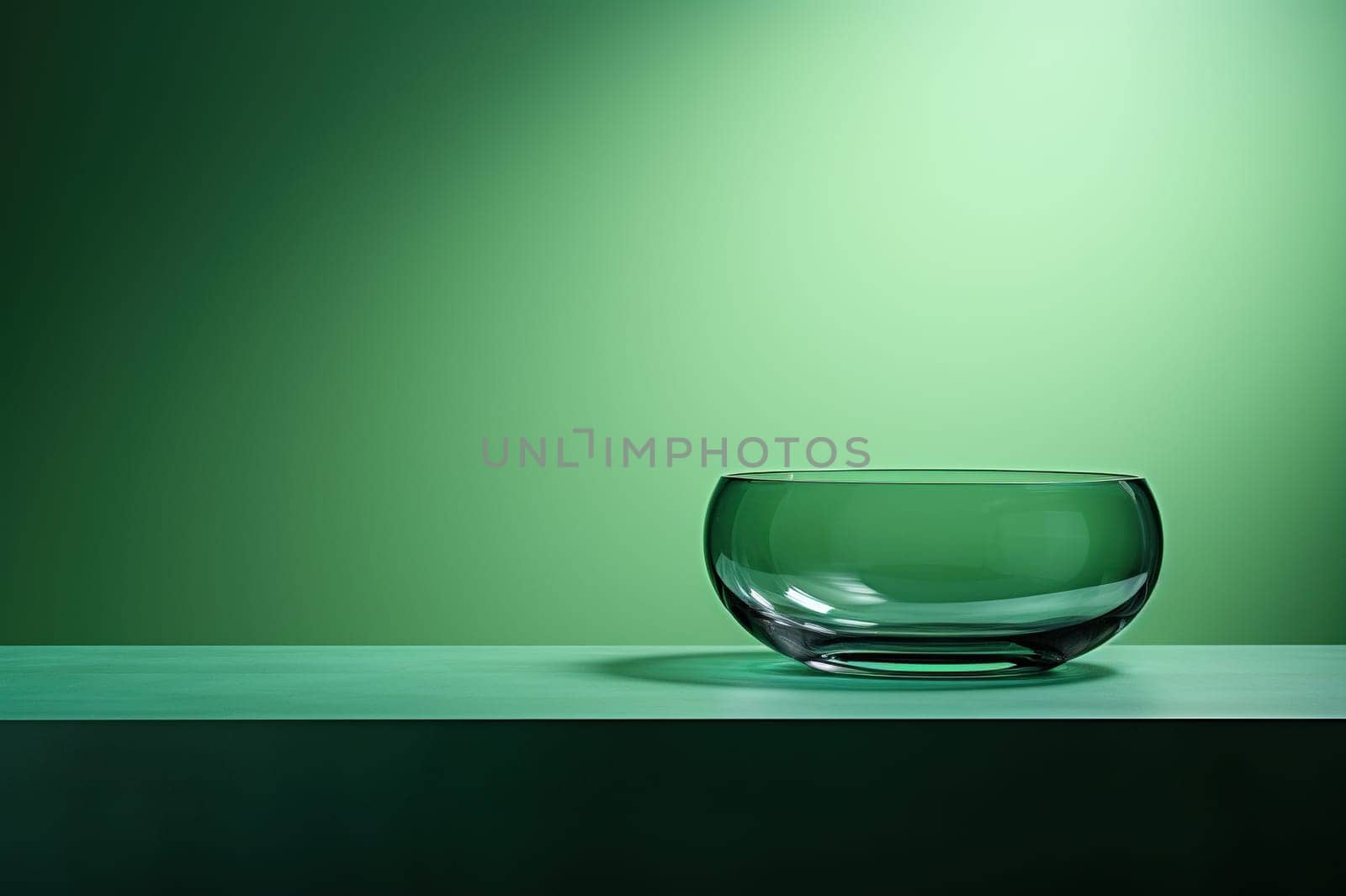 Sea wave color in the interior. Green glass vessel on the background of an empty green wall.
