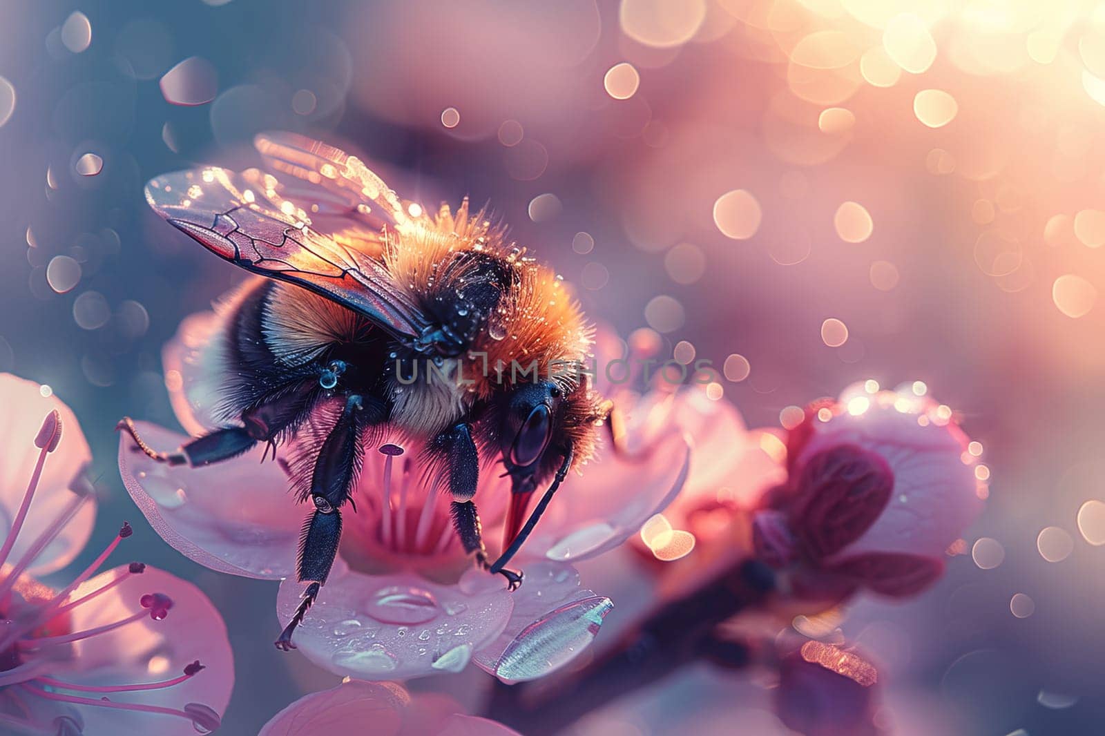 Bee Pollinating Vibrant Orange Flower with Dew. Generative AI by itchaznong