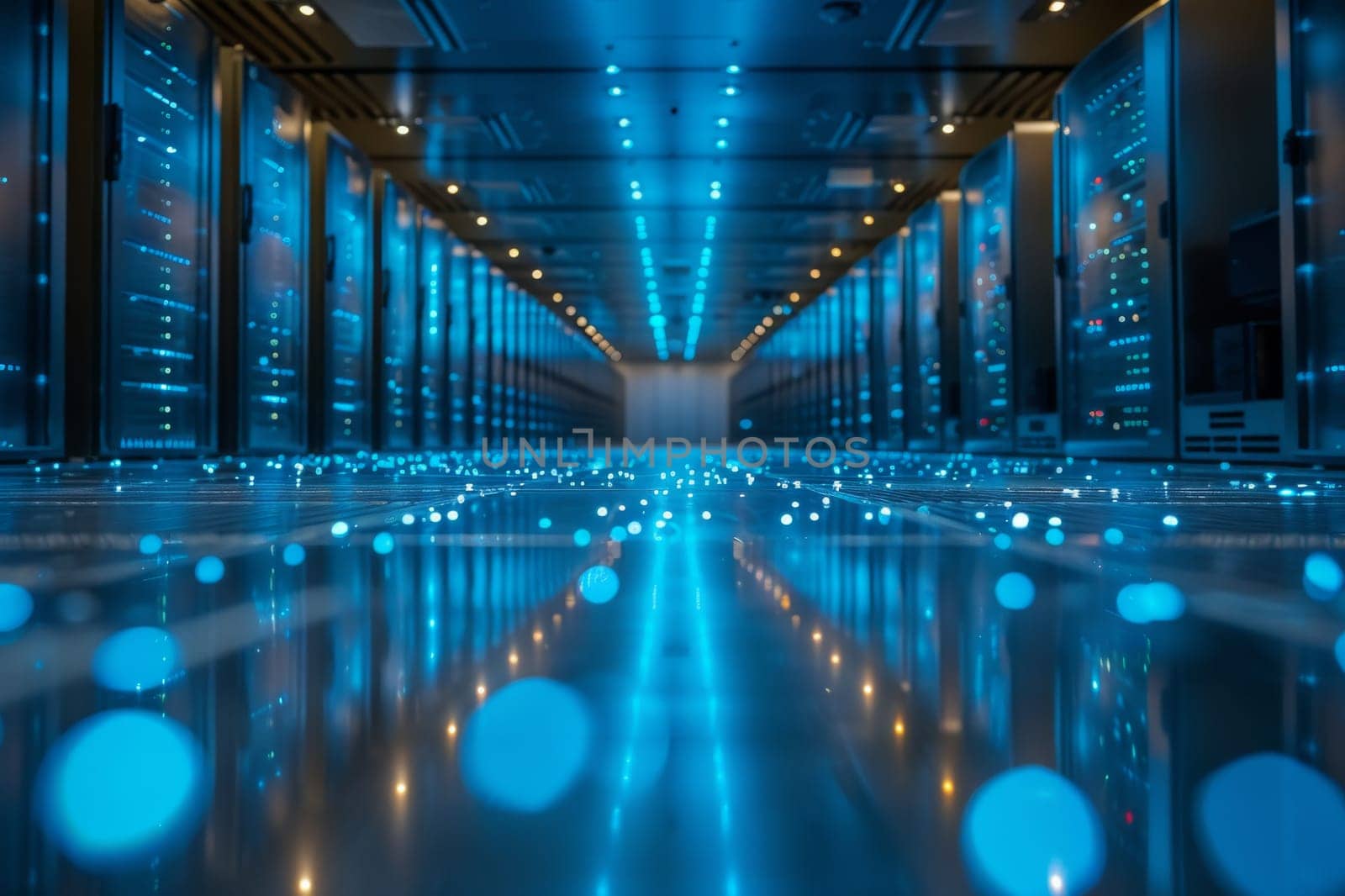 Futuristic Data Center with Glowing LED Lights. Generative AI by itchaznong