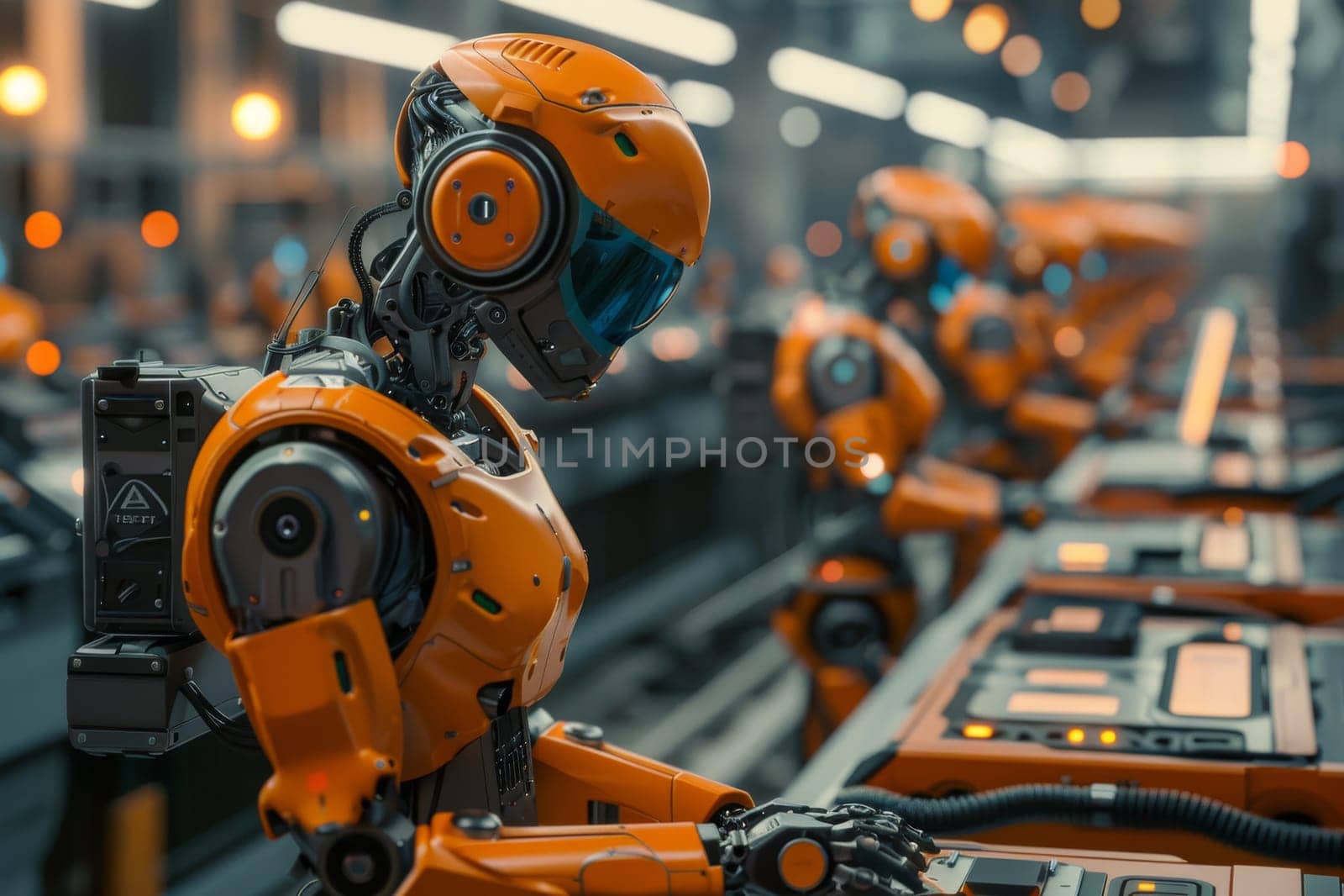 Futuristic Robot working in Production Line. Generative AI.