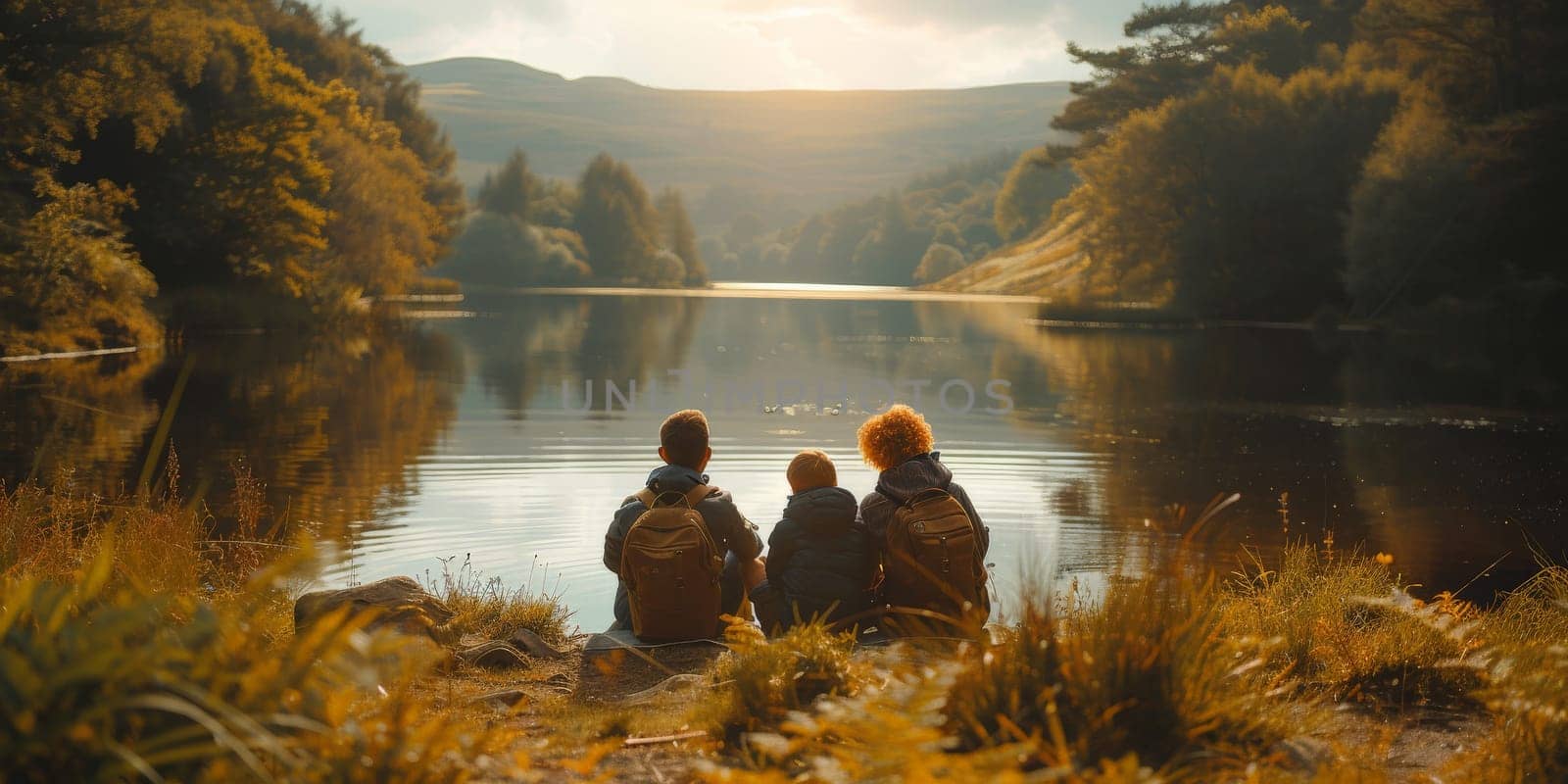 Happy family having picnic on lake with beautiful view. by Benzoix