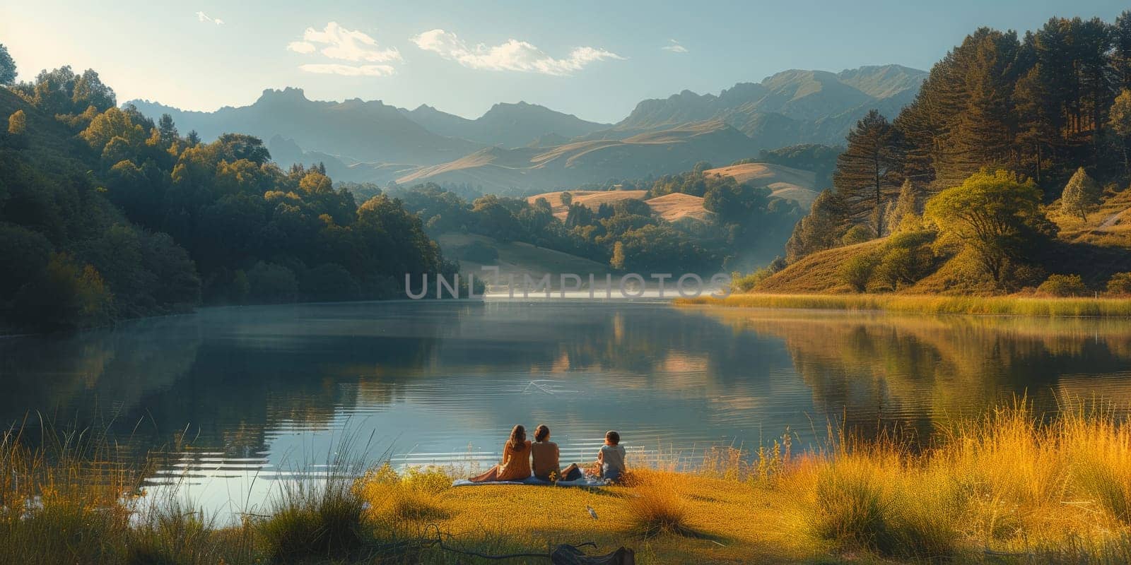 Happy family having picnic on lake with beautiful view