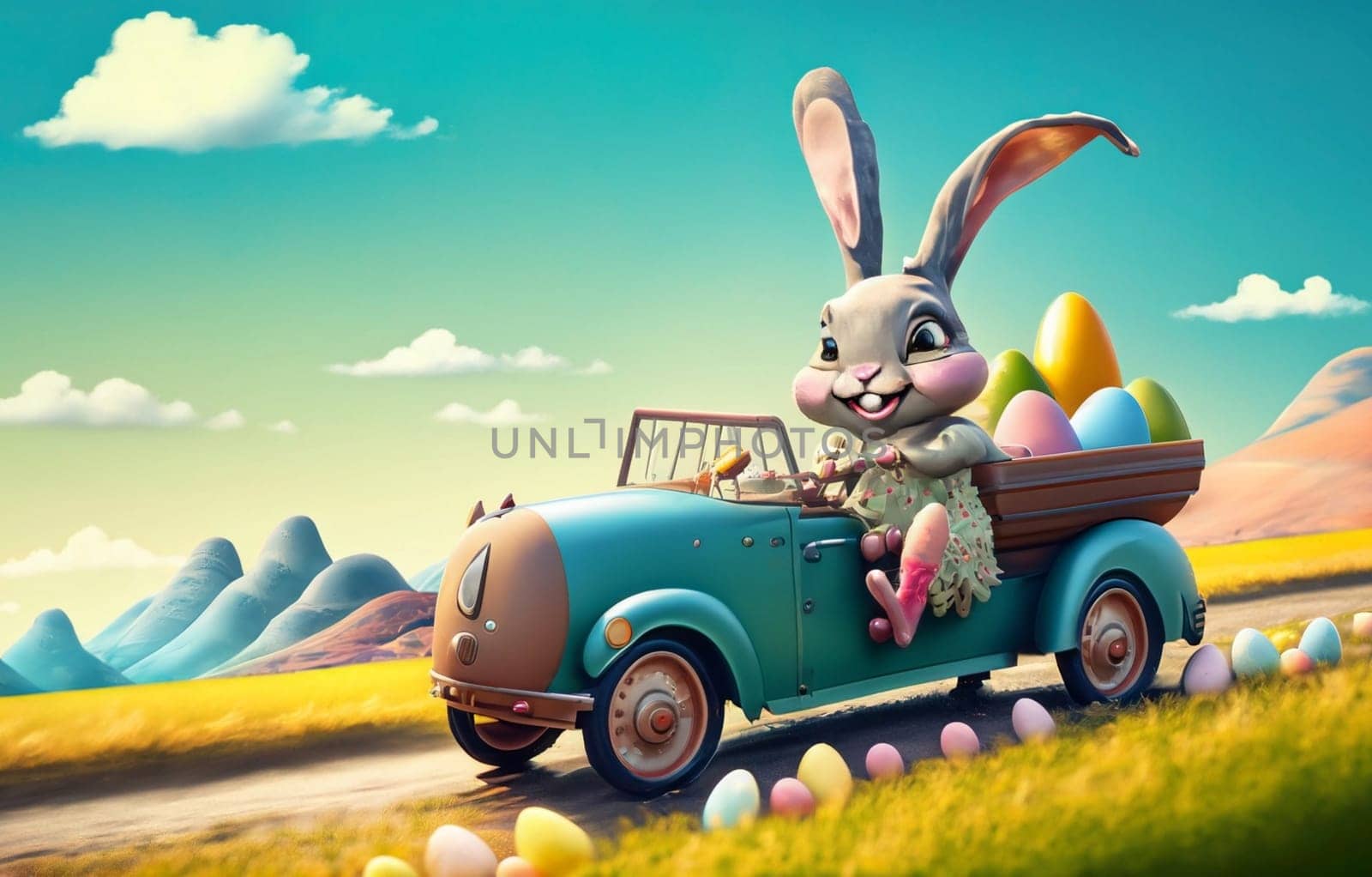 Smiling cute and cool cartoon style Easter bunny racing in retro car for Easter. Happy Easter Poster and template with Easter bunny and colorful Easter Eggs. by Costin