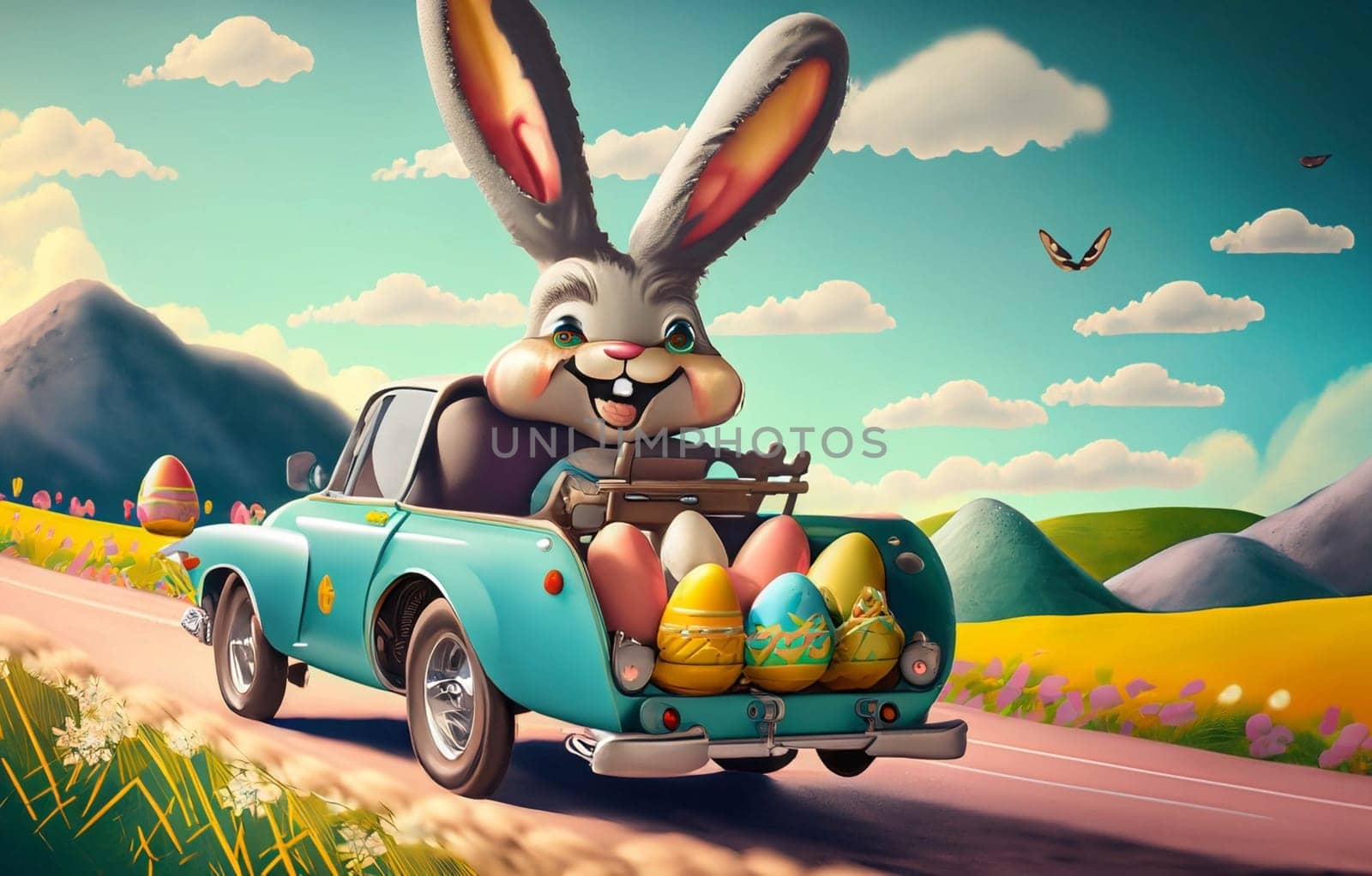 Smiling cute and cool cartoon style Easter bunny racing in retro car for Easter. Happy Easter Poster and template with Easter bunny and colorful Easter Eggs. by Costin