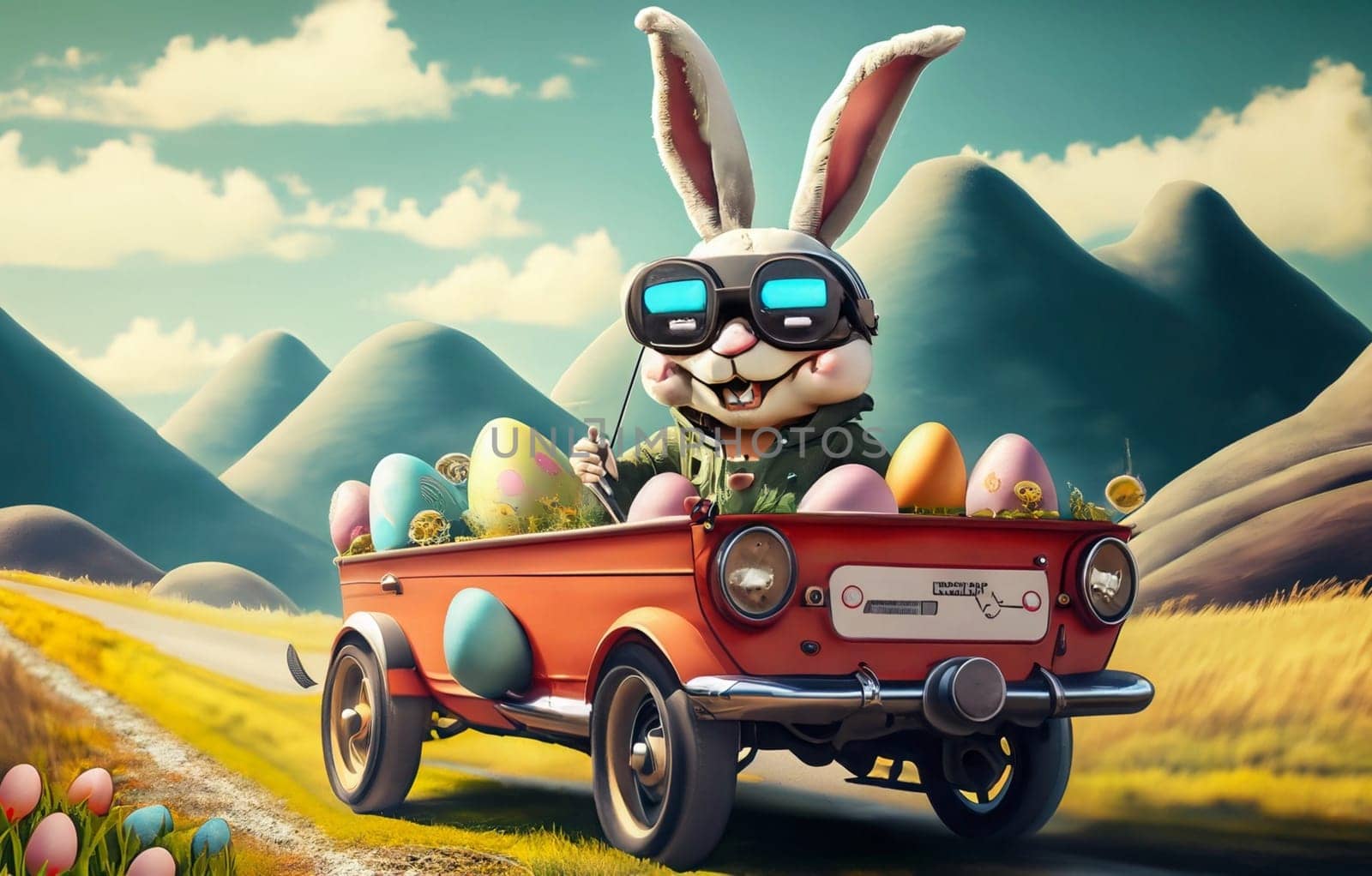 Smiling cute and cool cartoon style Easter bunny racing in retro car for Easter. Happy Easter Poster and template with Easter bunny and colorful Easter Eggs. by Costin