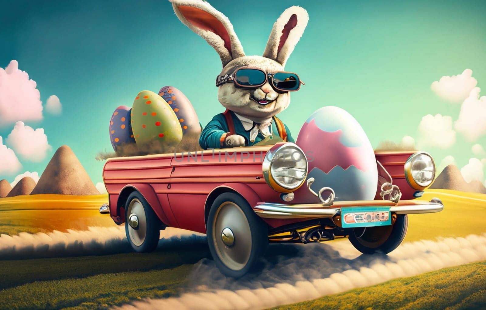 Smiling cute and cool cartoon style Easter bunny racing in retro car for Easter. Happy Easter Poster and template with Easter bunny and colorful Easter Eggs. by Costin