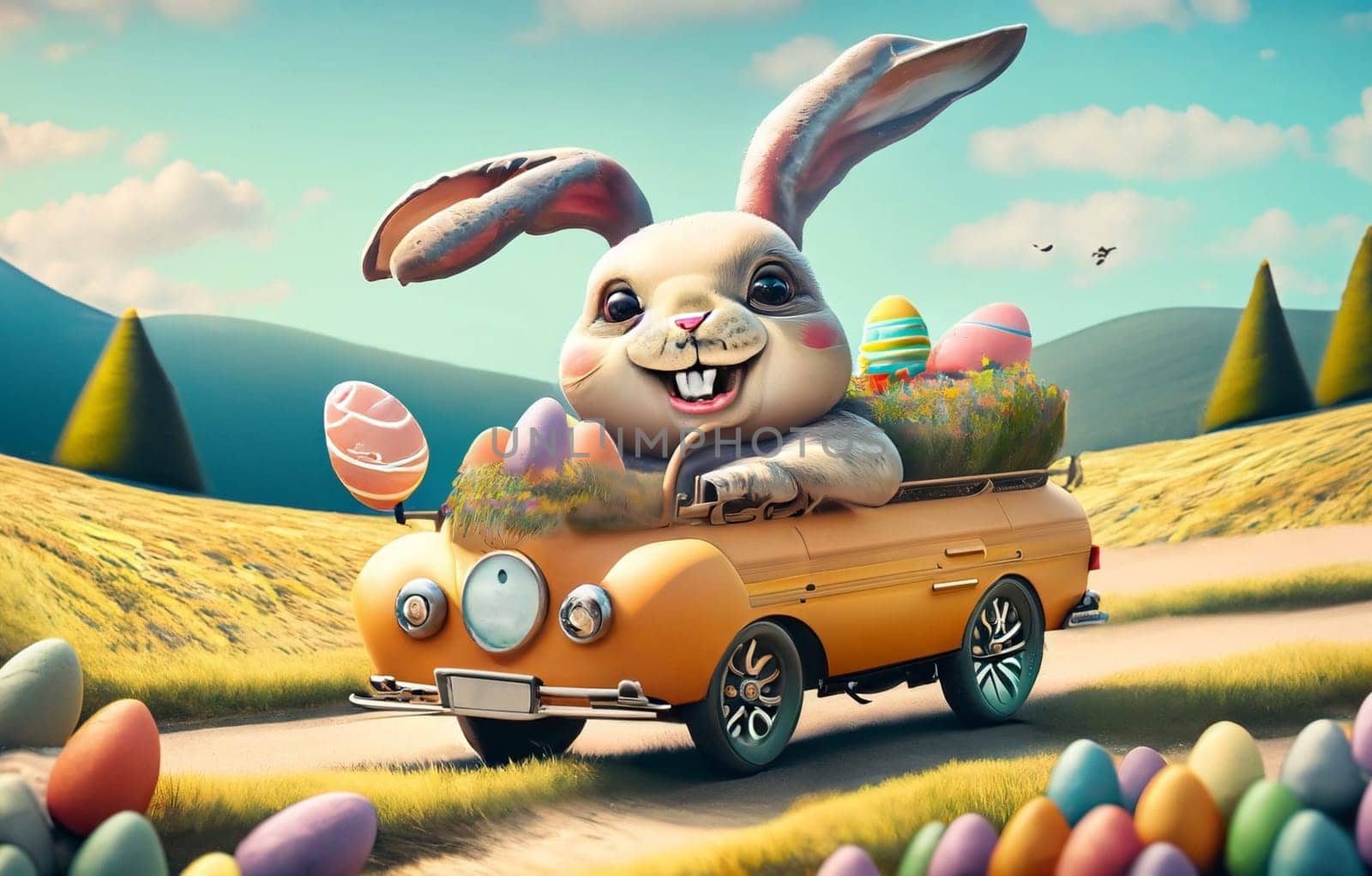 Smiling cute and cool cartoon style Easter bunny racing in retro car for Easter. Happy Easter Poster and template with Easter bunny and colorful Easter Eggs. by Costin