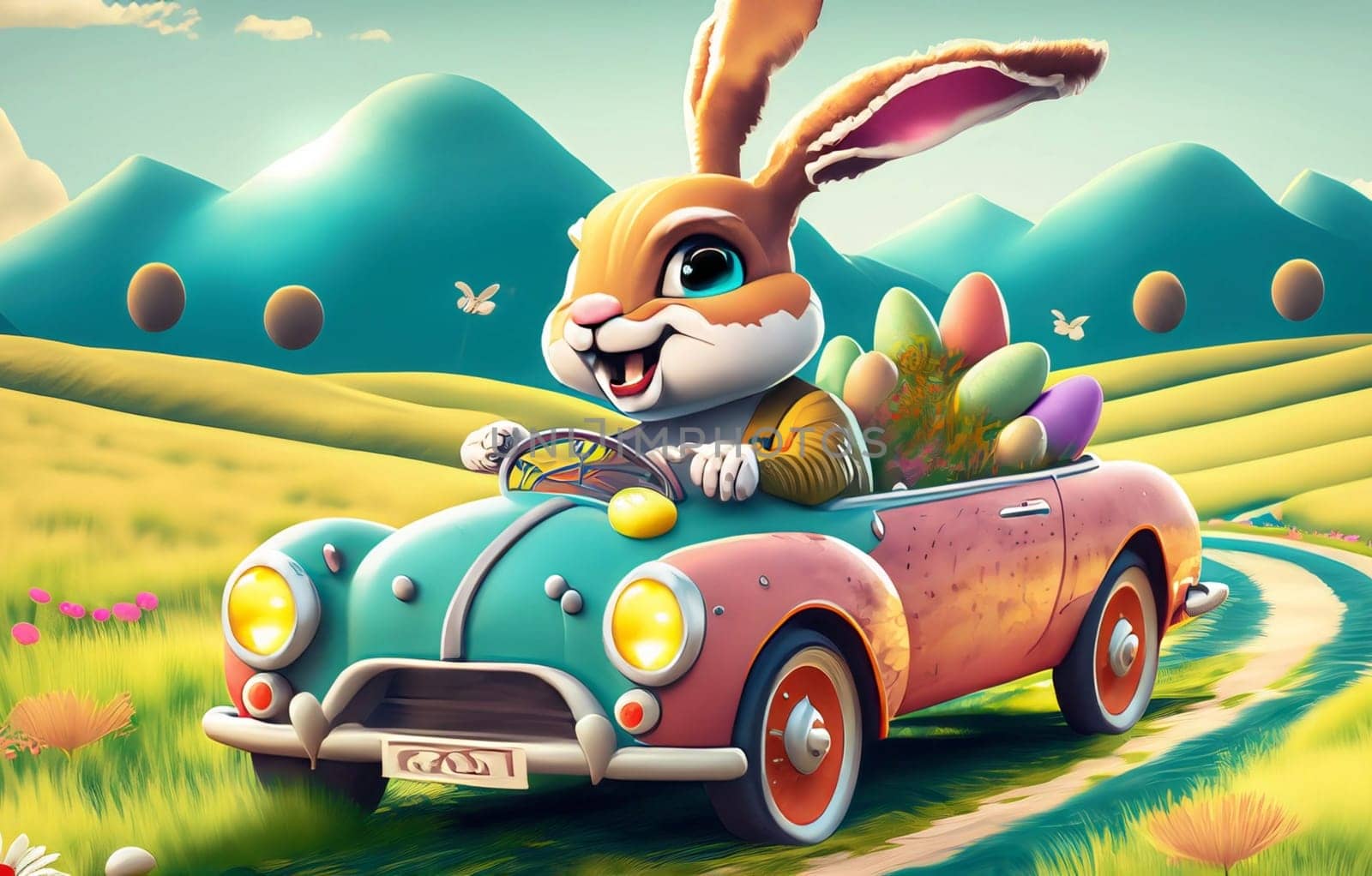 Smiling cute and cool cartoon style Easter bunny racing in retro car for Easter. Happy Easter Poster and template with Easter bunny and colorful Easter Eggs. by Costin