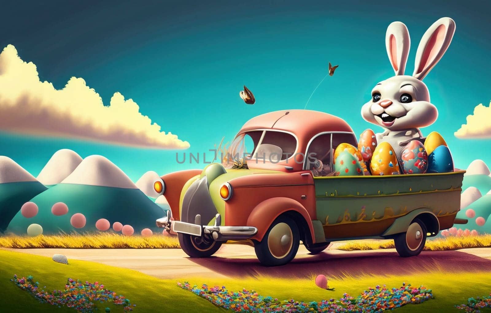 Smiling cute and cool cartoon style Easter bunny racing in retro car for Easter. Happy Easter Poster and template with Easter bunny and colorful Easter Eggs. by Costin