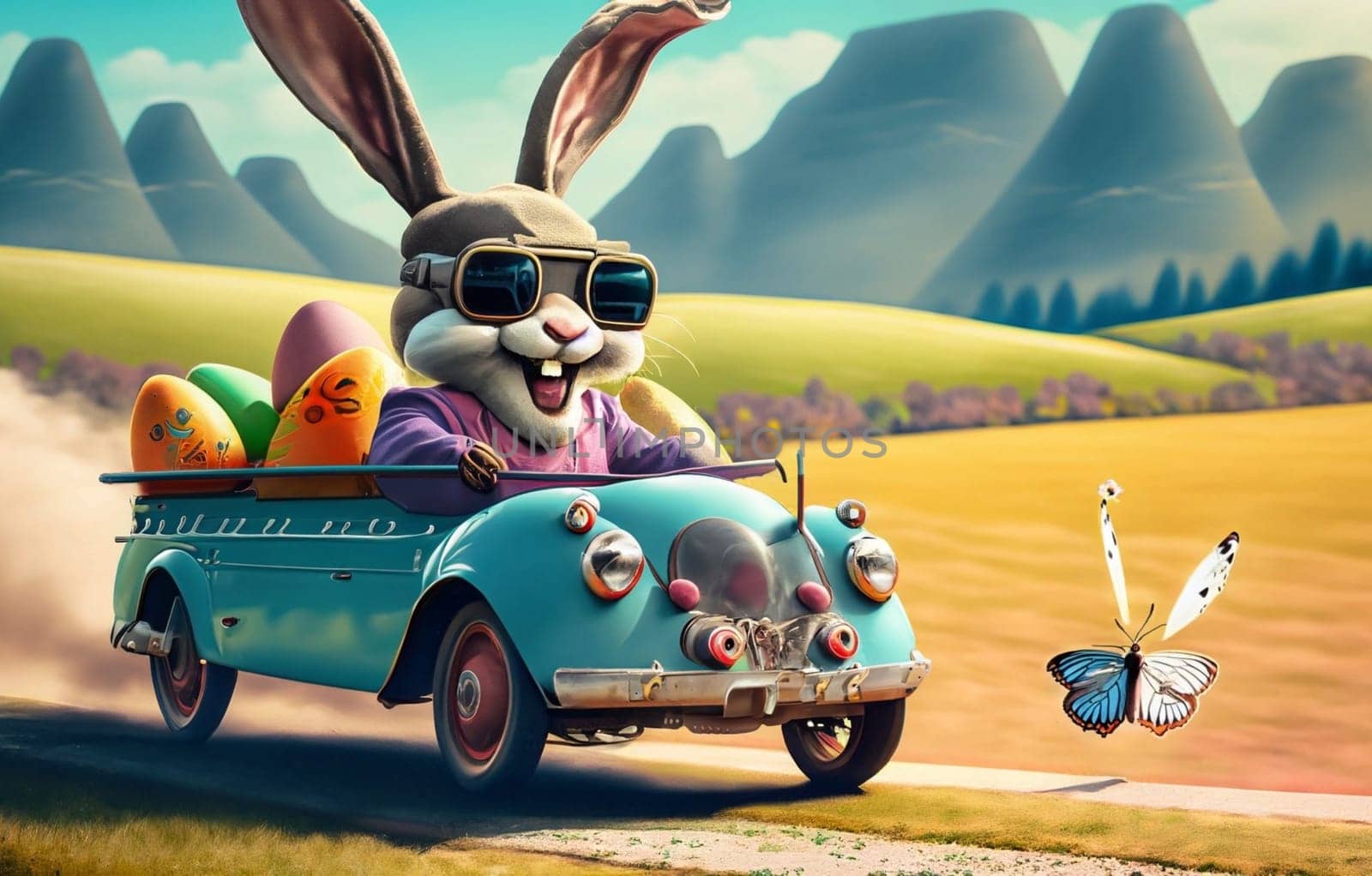 Smiling cute and cool cartoon style Easter bunny racing in retro car for Easter. Happy Easter Poster and template with Easter bunny and colorful Easter Eggs. by Costin