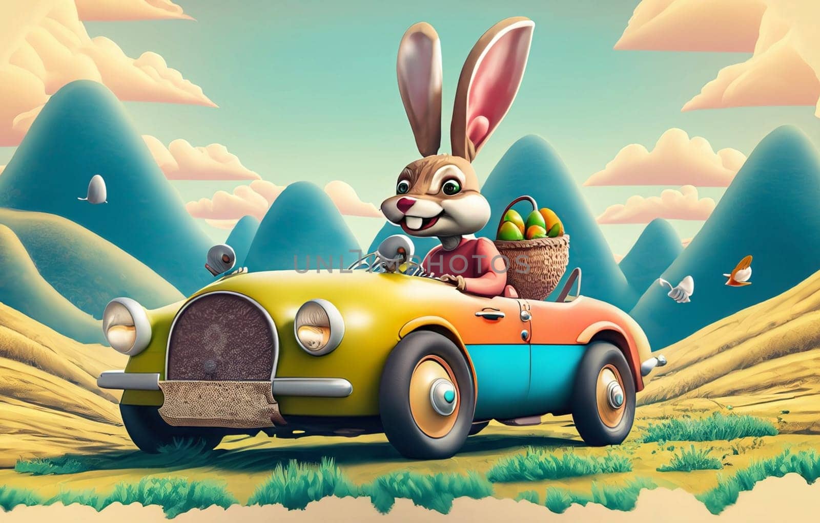 Smiling cute and cool cartoon style Easter bunny racing in retro car for Easter. Happy Easter Poster and template with Easter bunny and colorful Easter Eggs High quality illustration