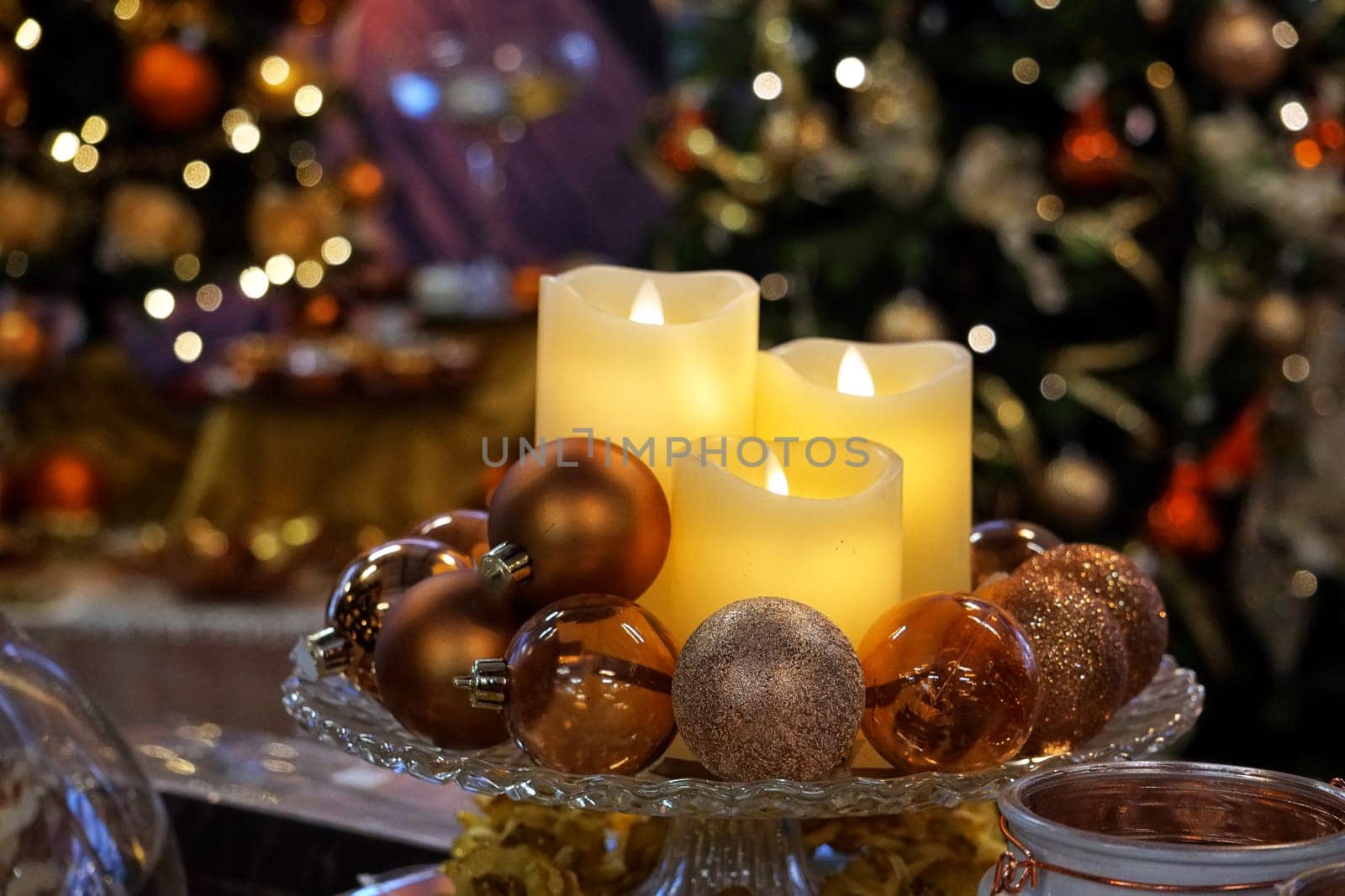 xmas candles ornaments and decorations at traditional street market