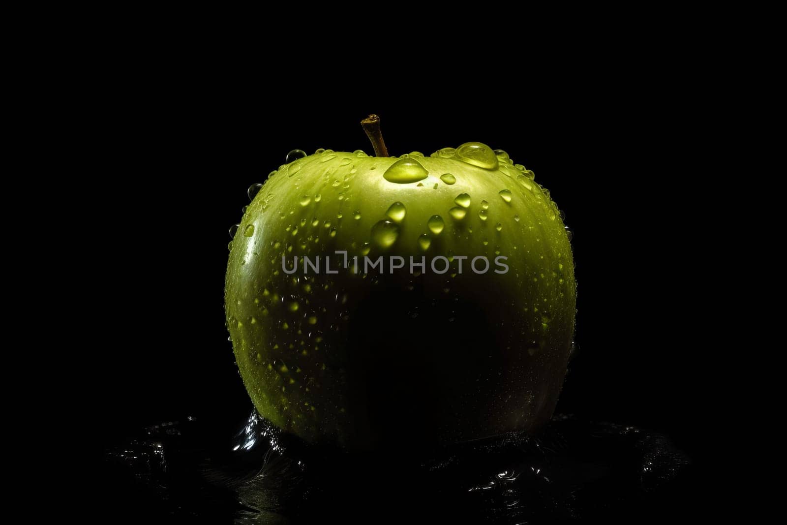 Green apple on black background. Fruit with water drops. Generate Ai