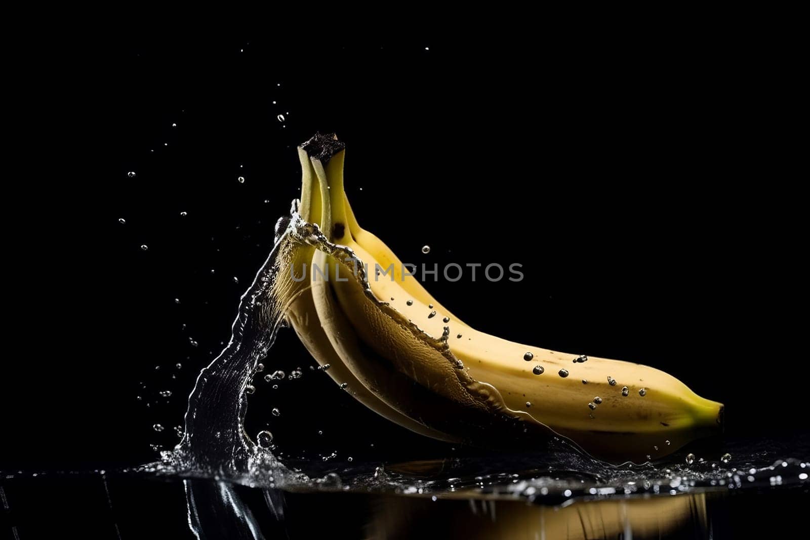 Banana on black background. Fruit with water drops. Generate Ai