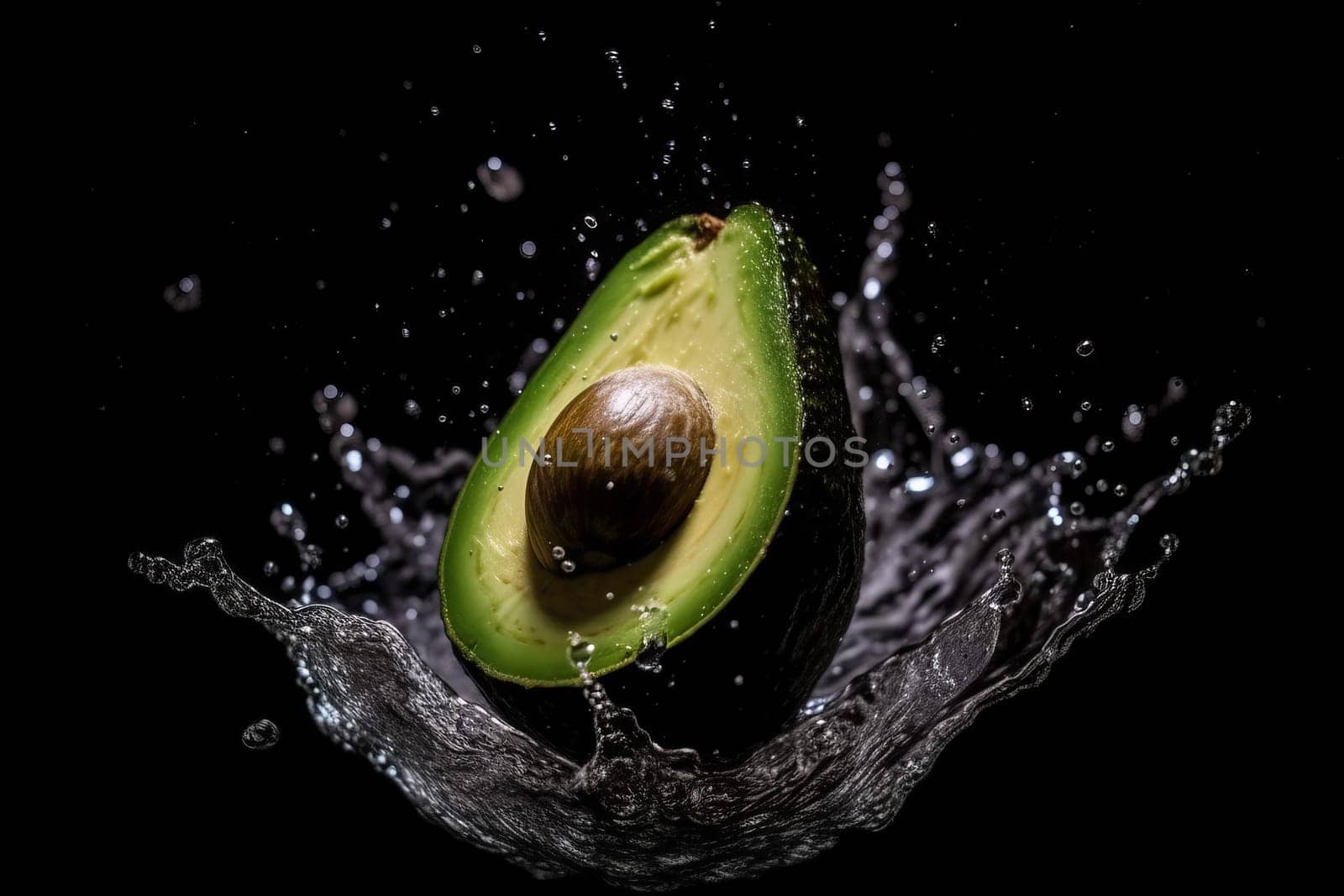Avocado on black background. Fruit with water drops. Generate Ai