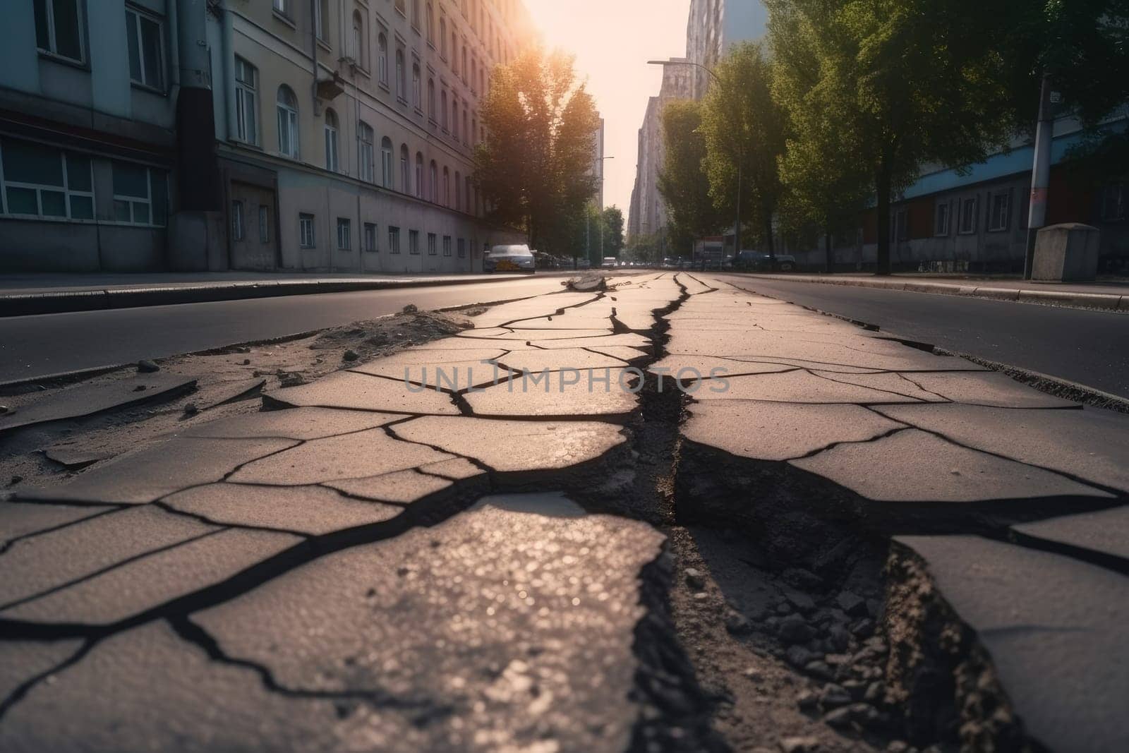Crack in the ground. Earthquake damage destruction. Generate Ai