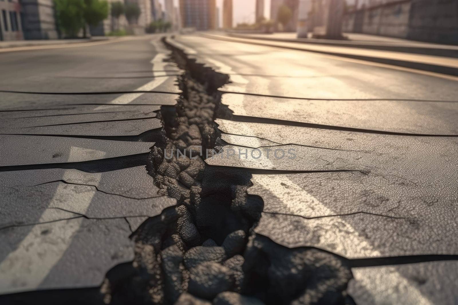 Long crack in the ground. Earthquake damage destruction. Generate Ai