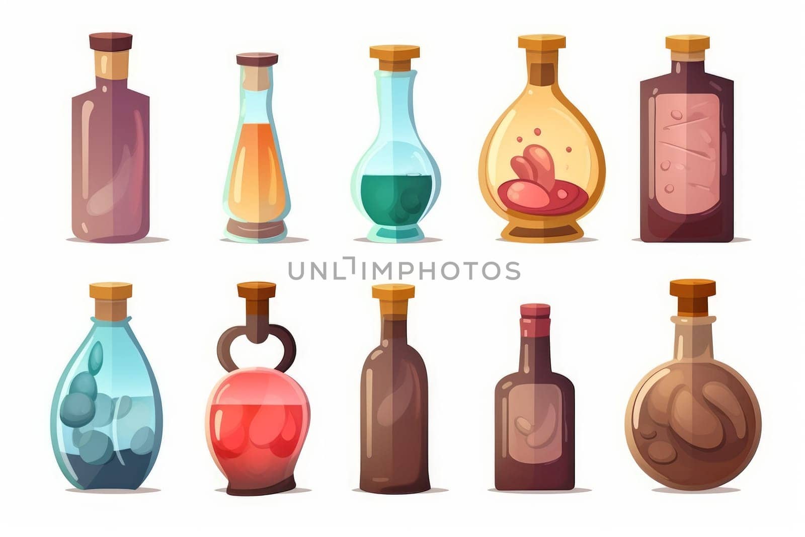 Magic game bottle glass set isolated on white background. Generate Ai