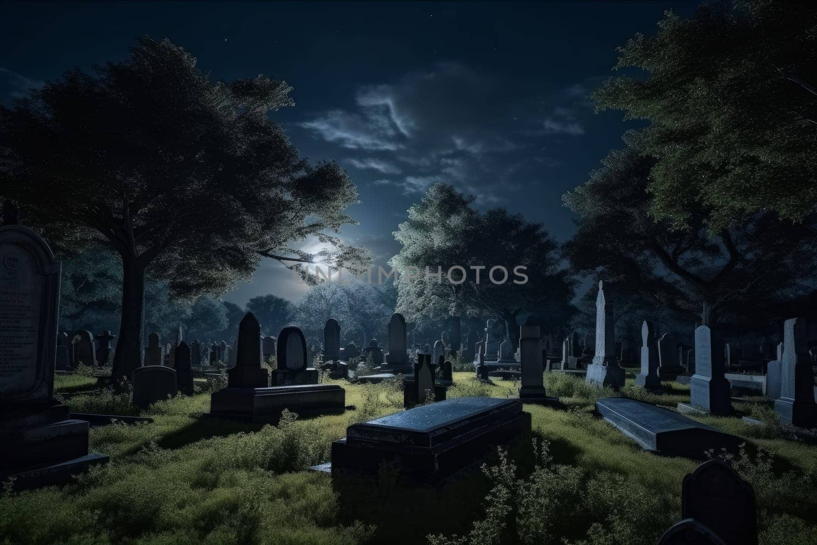 Old cemetery on a moonlit night. Graveyard horror concept. Generate Ai