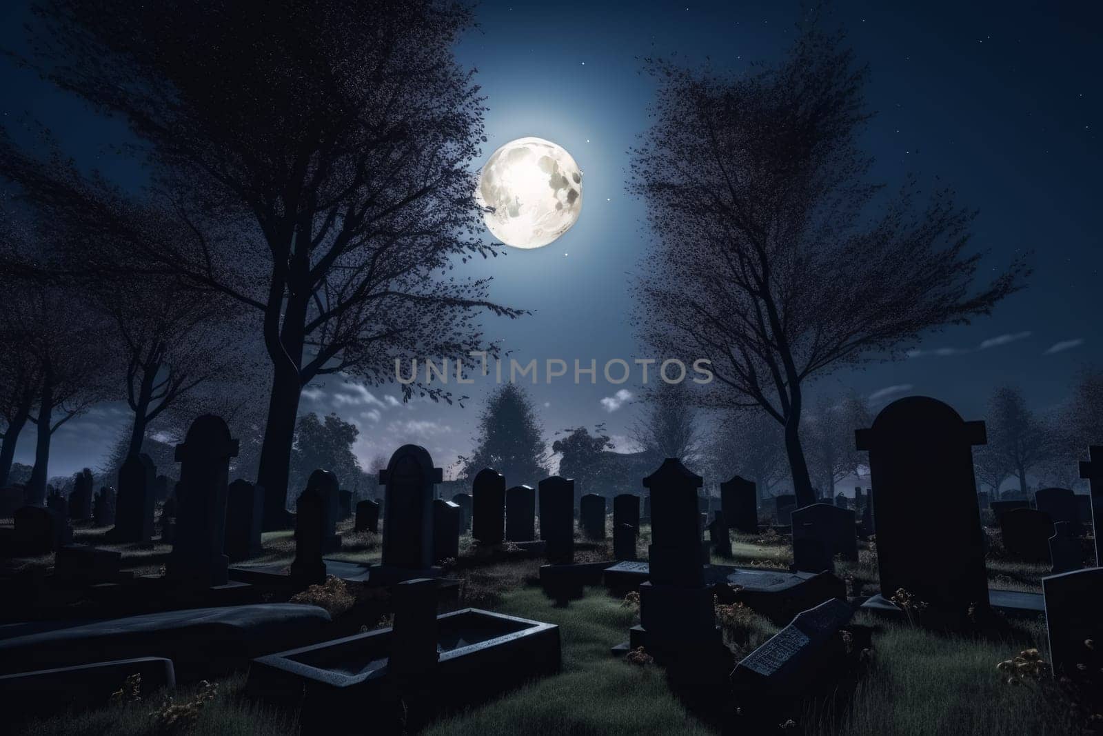 Dark cemetery on a moonlit night. Graveyard horror concept. Generate Ai