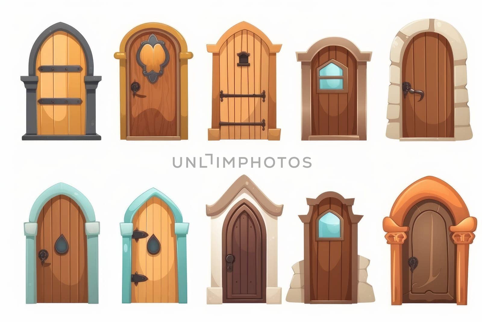 Door game icon set in cartoon style on white background isolated. Medieval collection. Generate Ai