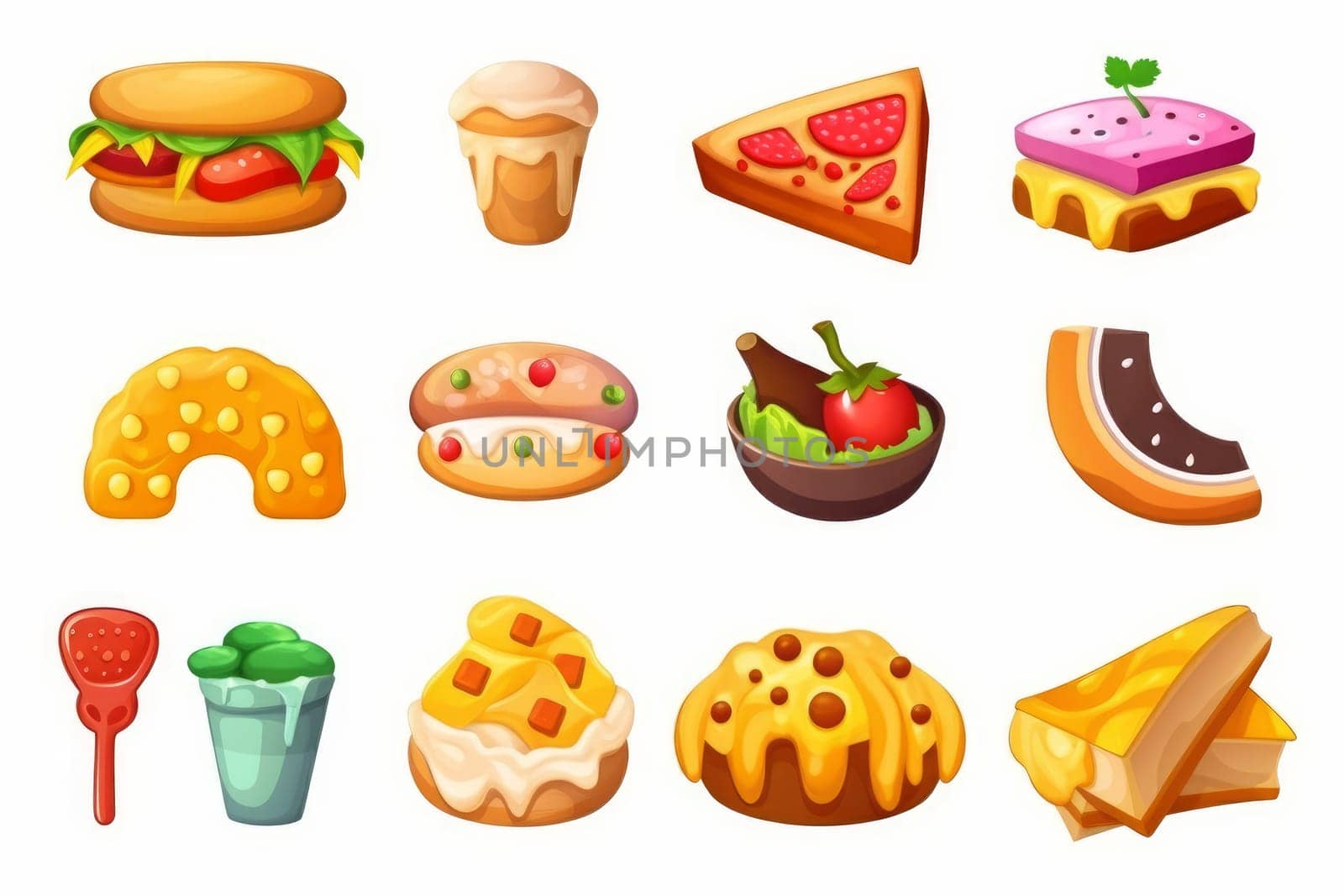 Food game icons set in cartoon style isolated on white background. Generate Ai