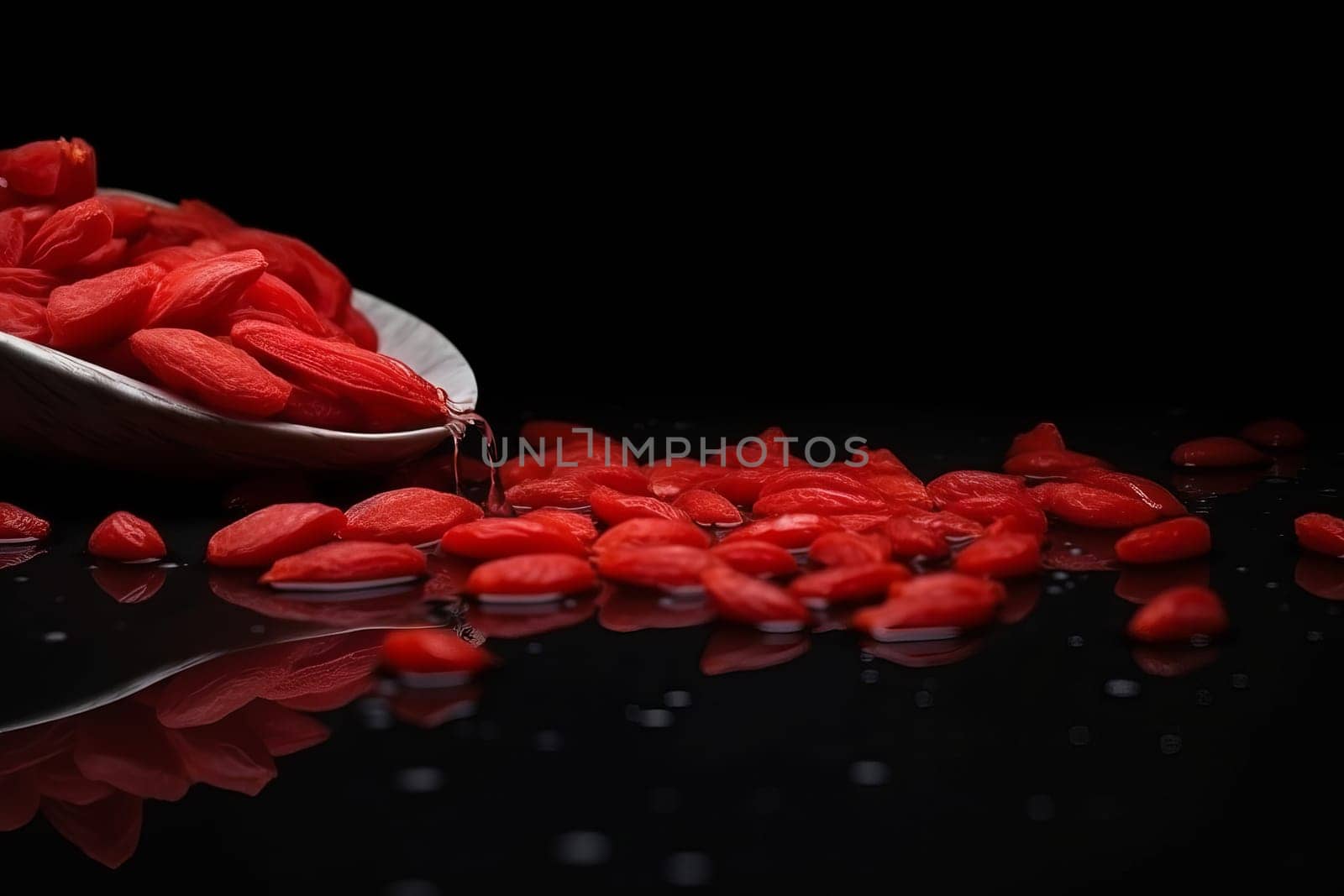 Goji berries on black background. Fruit with water drops. Generate Ai