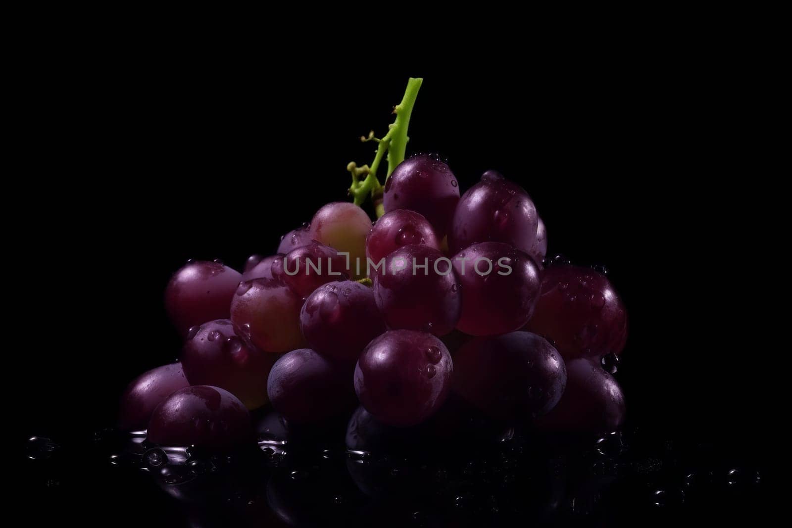 Grape on black background. Fruit with water drops. Generate Ai
