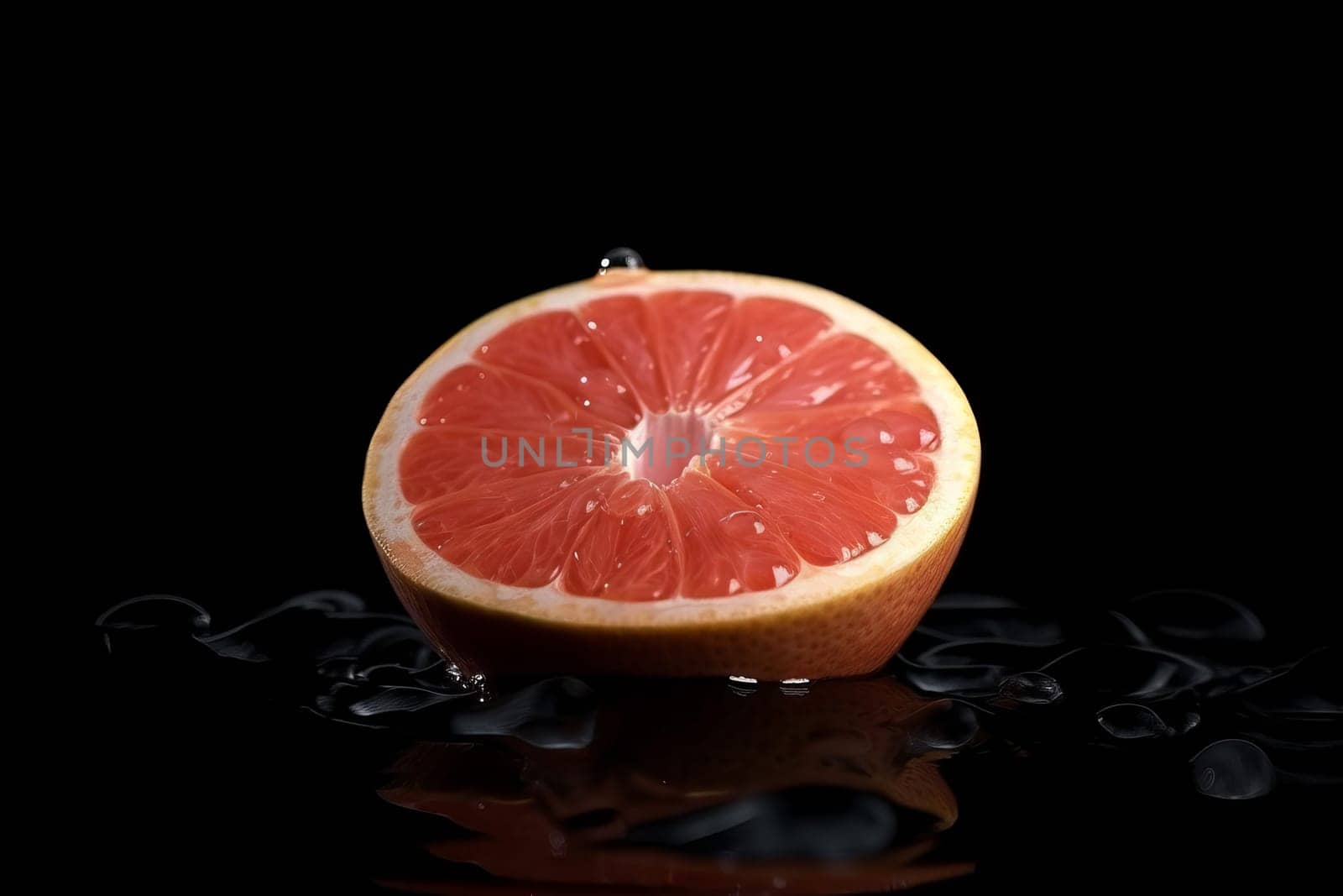 Grapefruit on black background. Fruit with water drops. Generate Ai