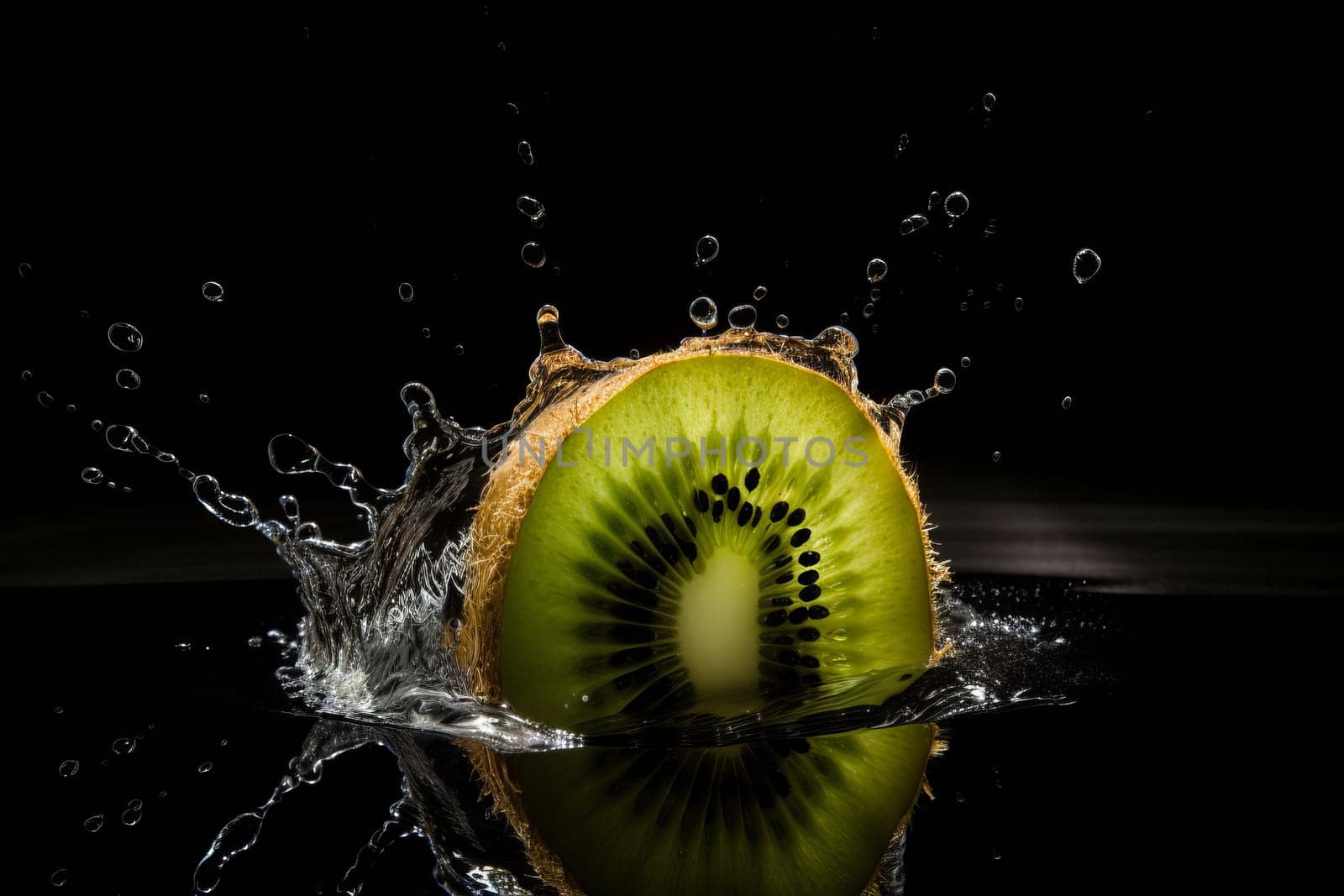 Kiwi on black background. Fruit with water drops. Generate Ai