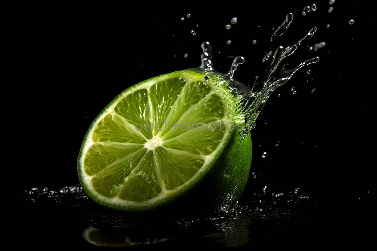 Lime on black background. Fruit with water drops. Generate Ai