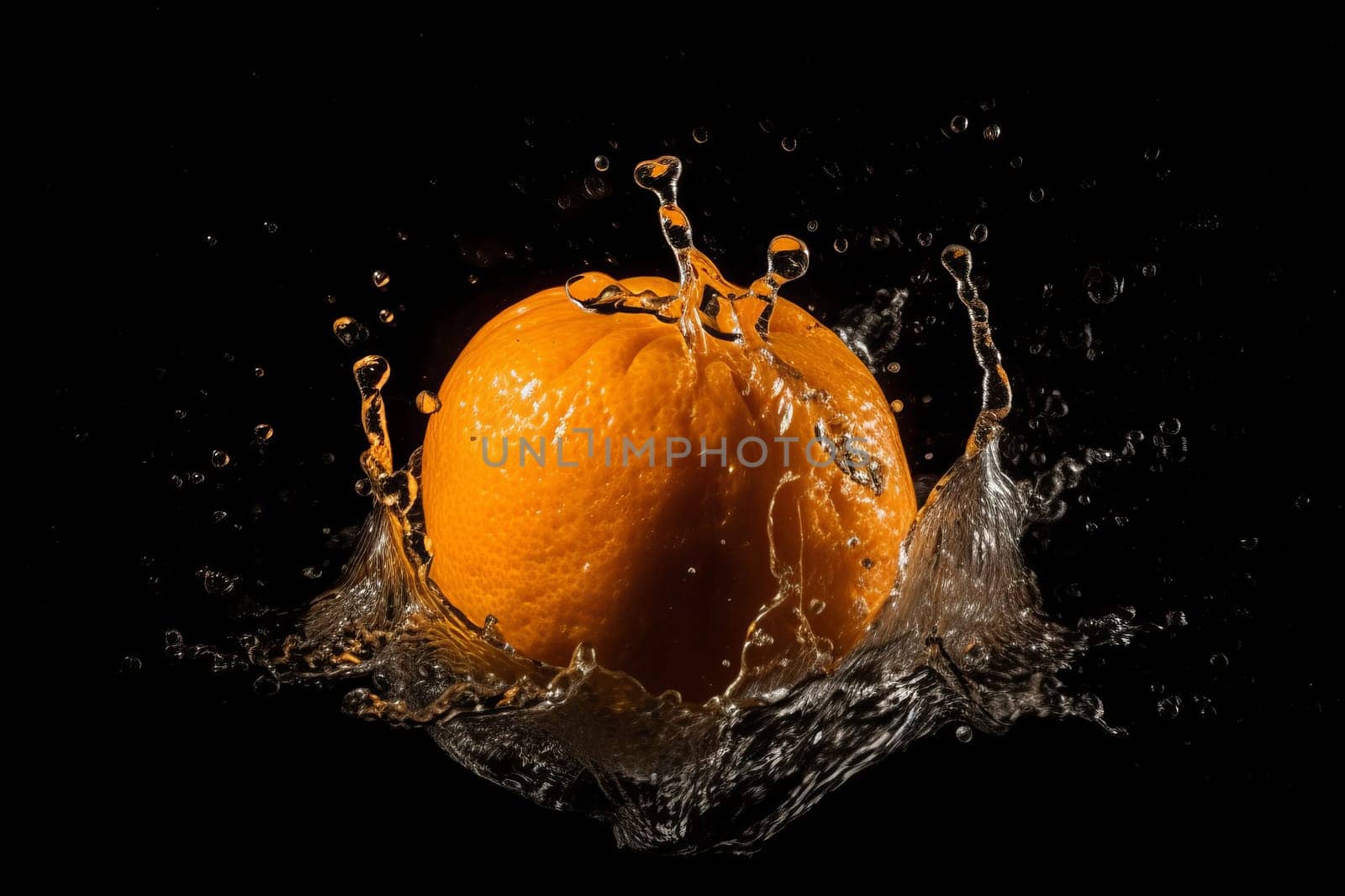 Orange on black background. Fruit with water drops. Generate Ai