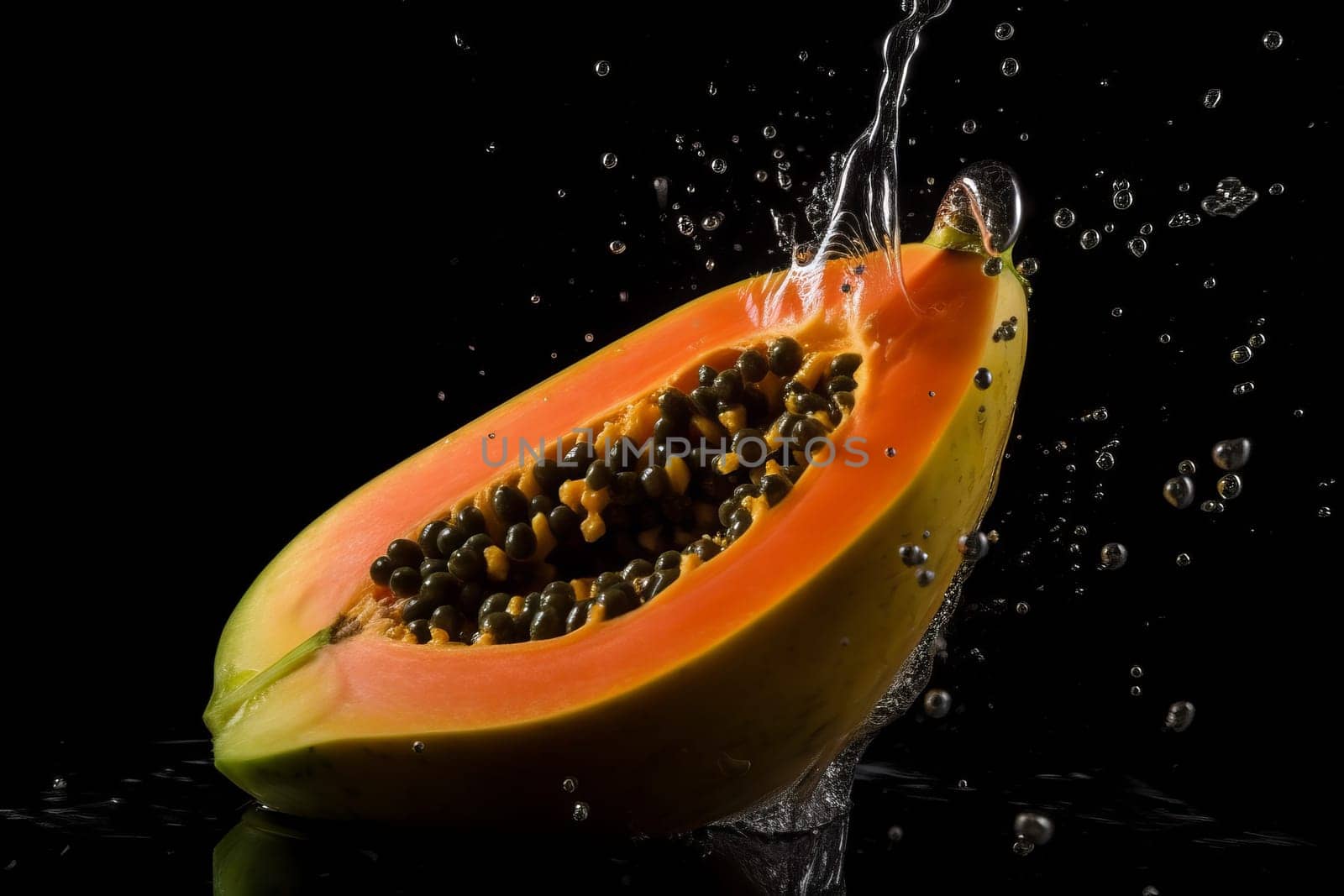 Papaya on black background. Fruit with water drops. Generate Ai