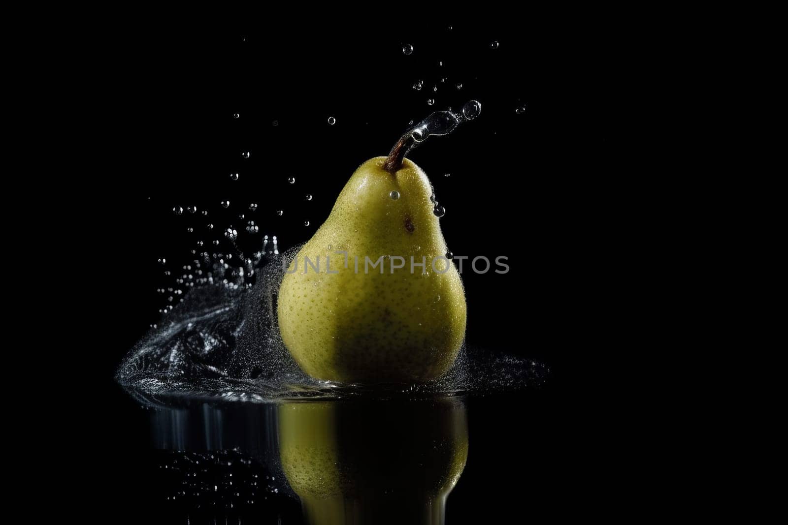 Pear on black background. Fruit with water drops. Generate Ai