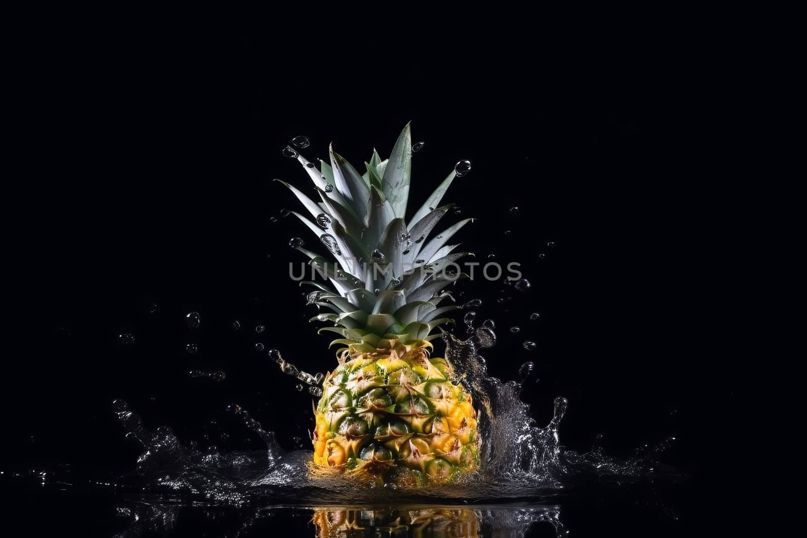 Pineapple on black background. Fruit with water drops. Generate Ai