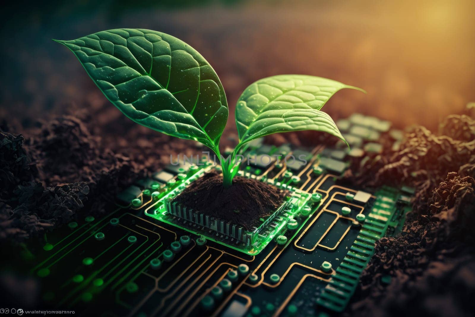 Plant from computer chip. New life. Eco concept. Generate Ai