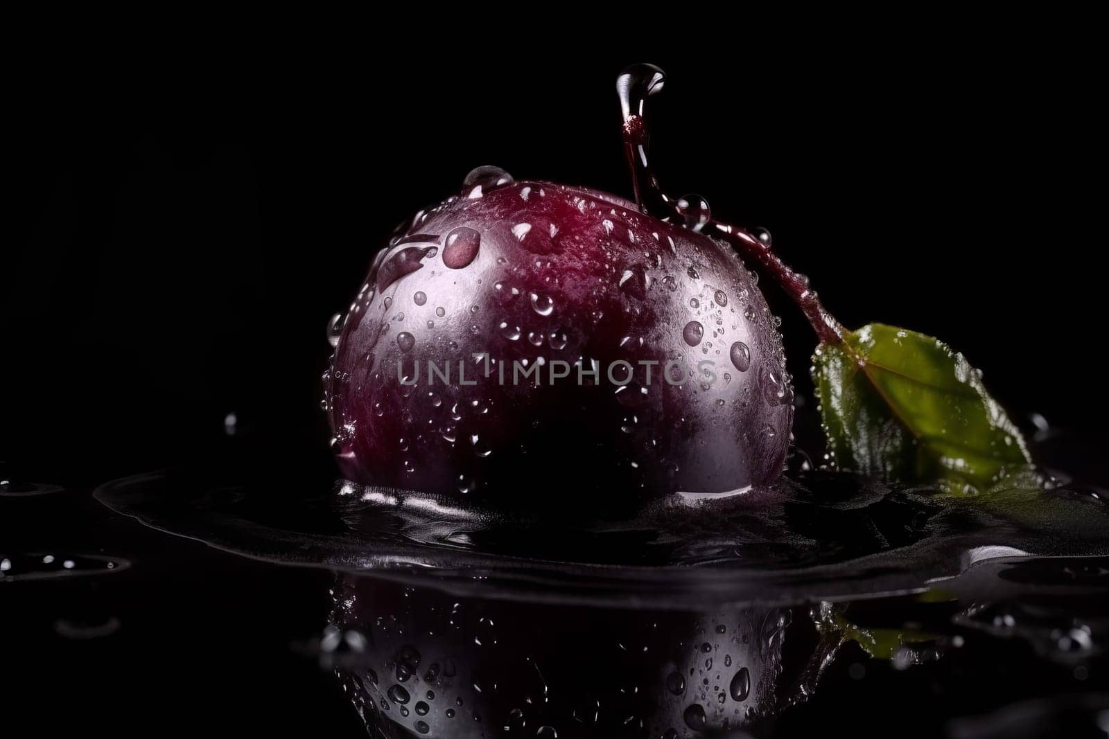 Plum on black background. Fruit with water drops. Generate Ai