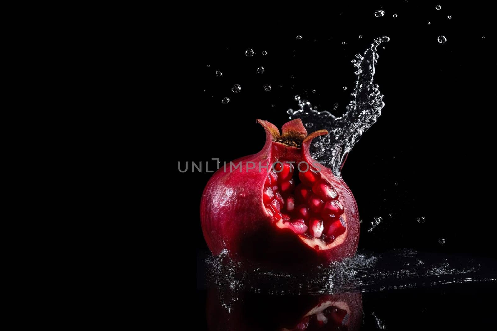 Pomegranate on black background. Fruit with water drops. Generate Ai