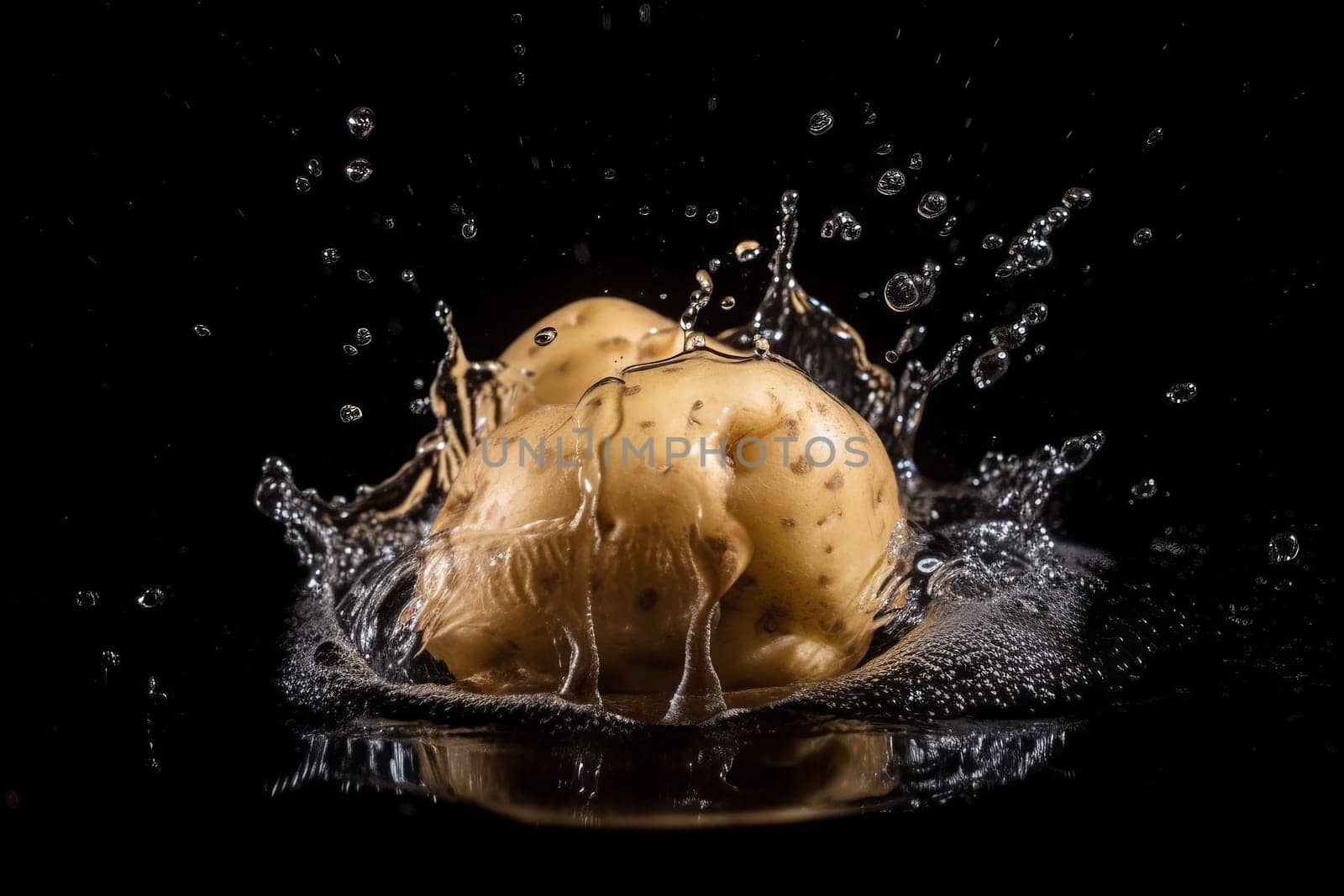 Potato on black background. Fruit with water drops. Generate Ai