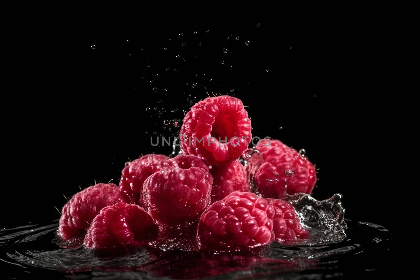 Raspberries on black background. Fruit with water drops. Generate Ai